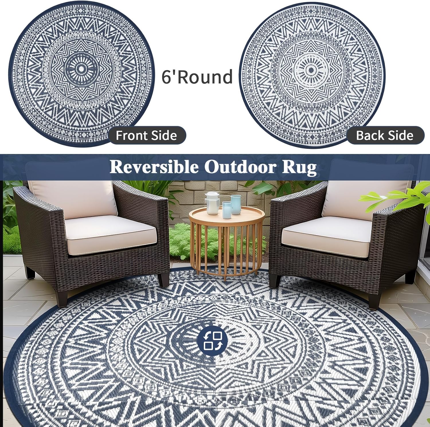famibay Outdoor Rug Waterproof 6ft Round, Reversible Boho Plastic Straw Patio Camping Area Rugs, Portable Indoor Outdoor RV Mat for Deck, Porch, Balcony, Backyard, Picnic, Beach, Pool, Blue & White