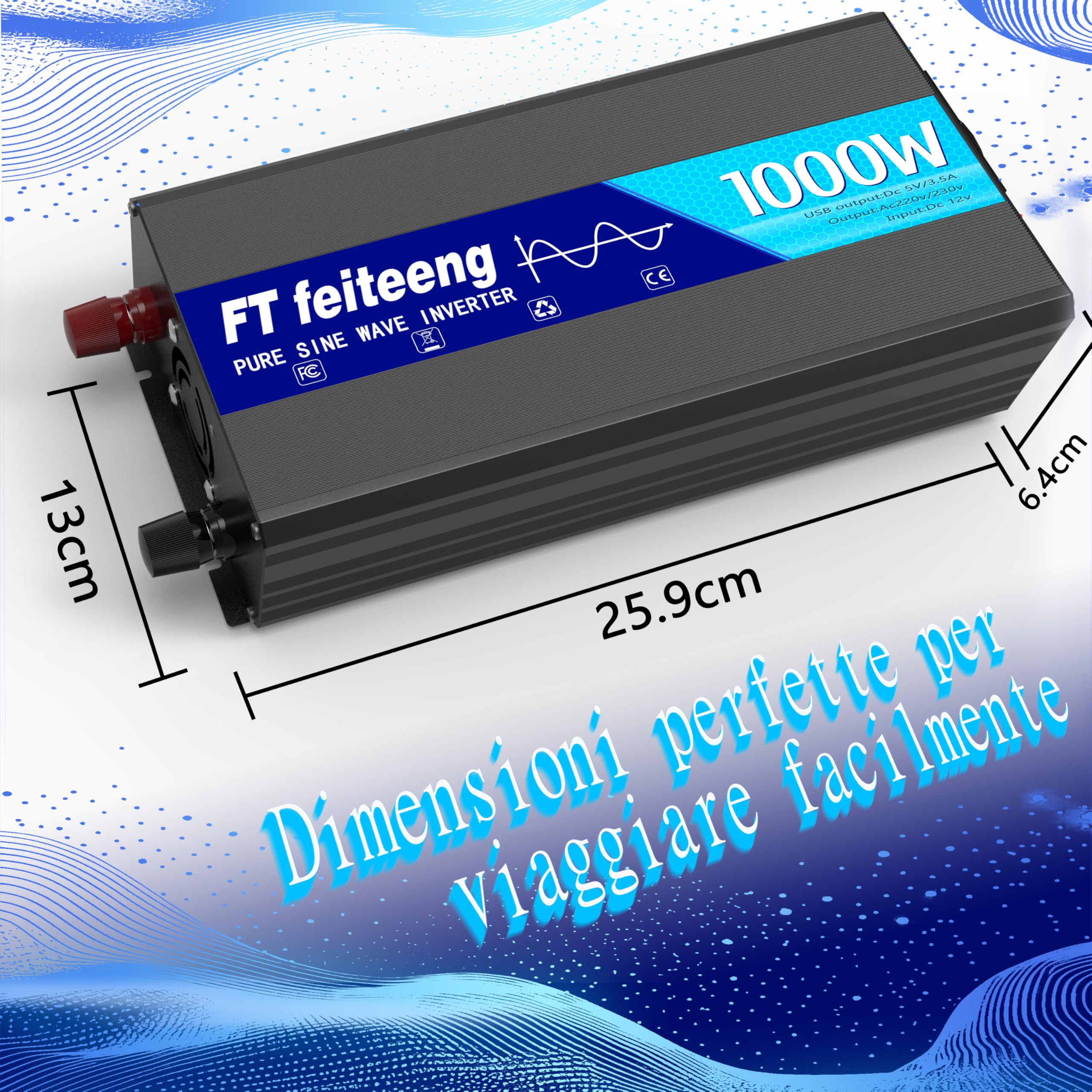 1000W inverter 12v 220v onda pura con 1 presa UE e 2 caricatori USB trasformatore 12v 220v di corrente 2000 W (picco) per auto, roulotte, barche, campeggio