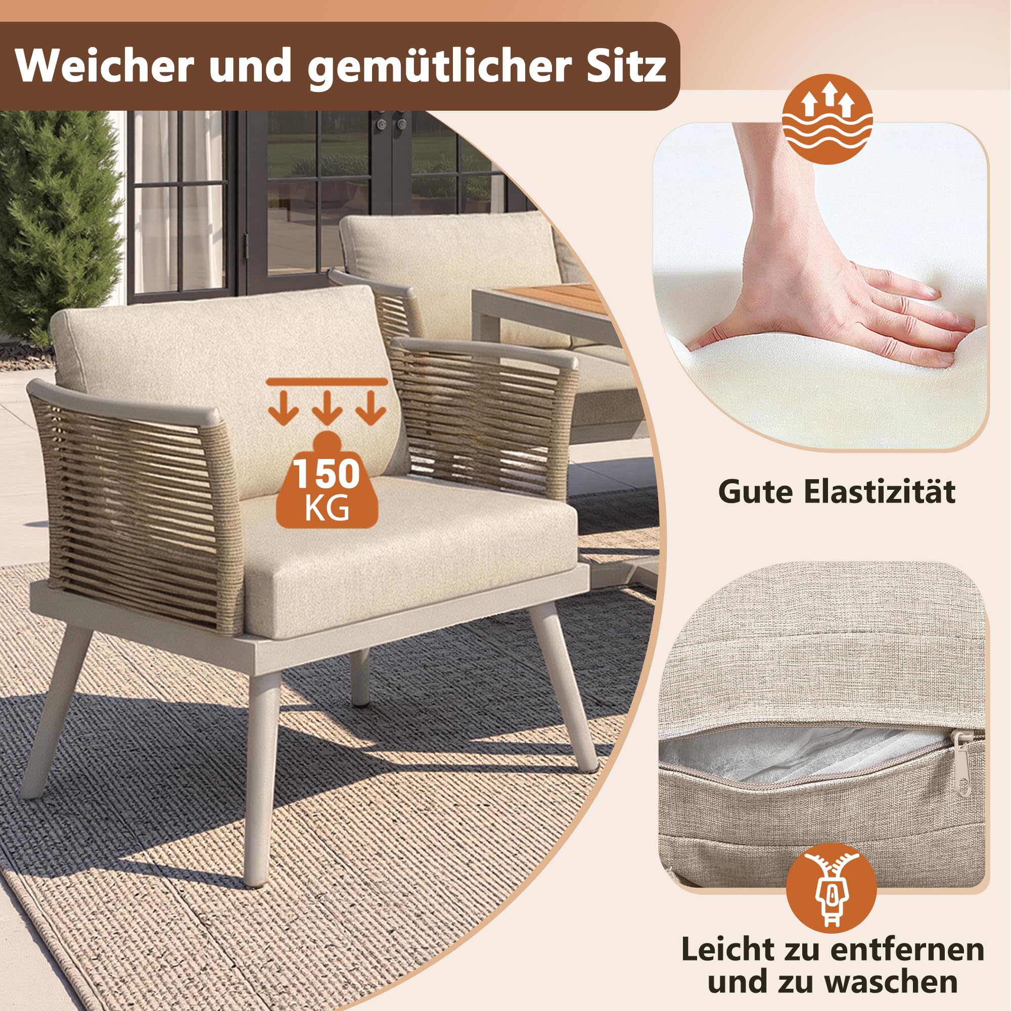 Gartenmöbel Set, L-förmiges Gartenmöbel Lounge, Geeignet für 7 Personen, mit Geflochtenen Armlehnen, Terrassenmöbel Wetterfest Eckgarnitur aus Eisen, Mit Polstern & Kissen, Balkonmöbel, Beige