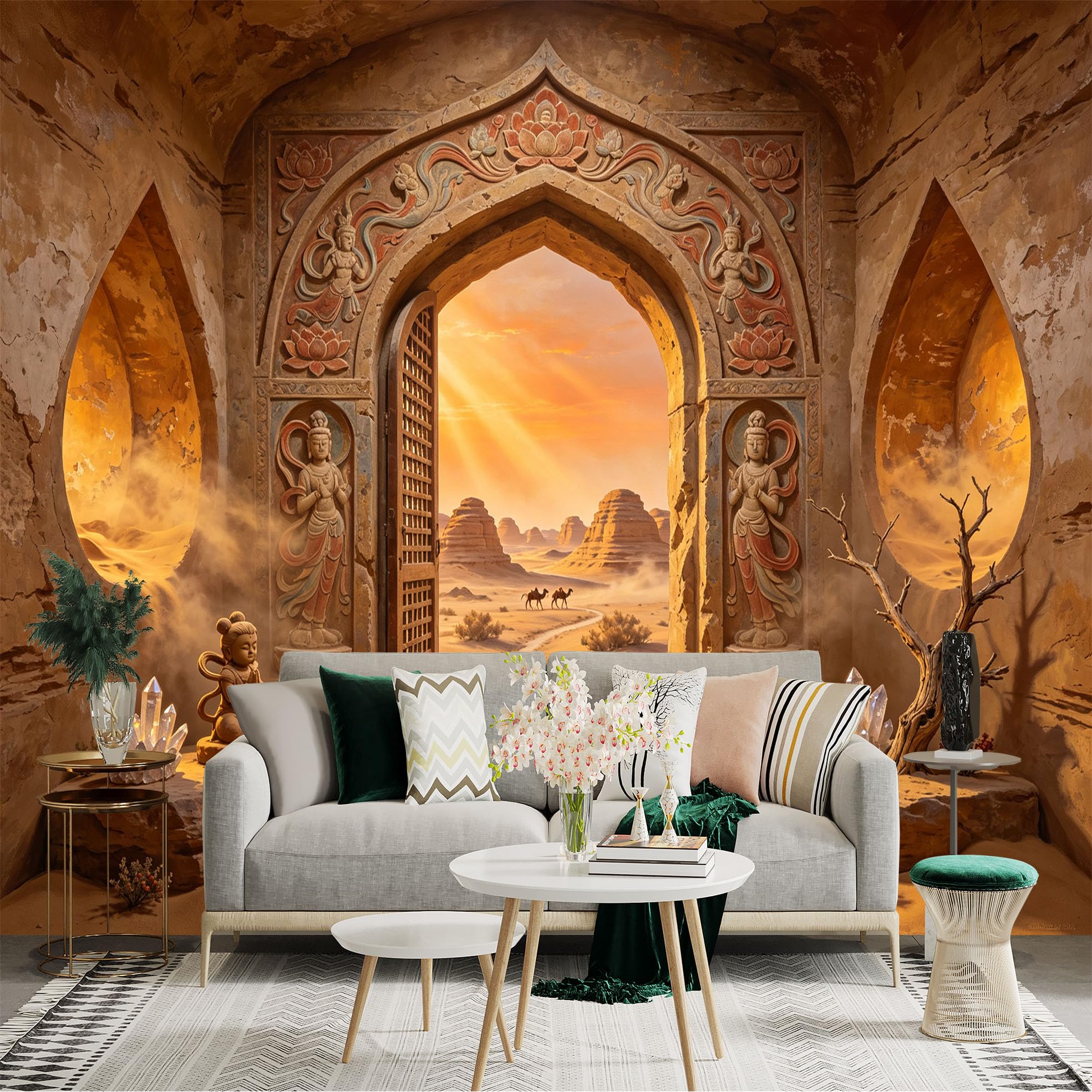 Custom Size Wall Sticker Mural， Desert Archway Temple with Sandstone Carvings and Sunset Dunes， for wall Decoration， peelandstick wall Decals.