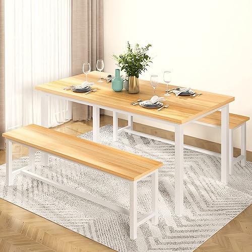 Miniatura 11 de DKLGG Juego de mesa de comedor para 4, mesa de cocina de 47.2 pulgadas con 2 bancos, juego de mesa de comedor de granja de 3 piezas, comedor que