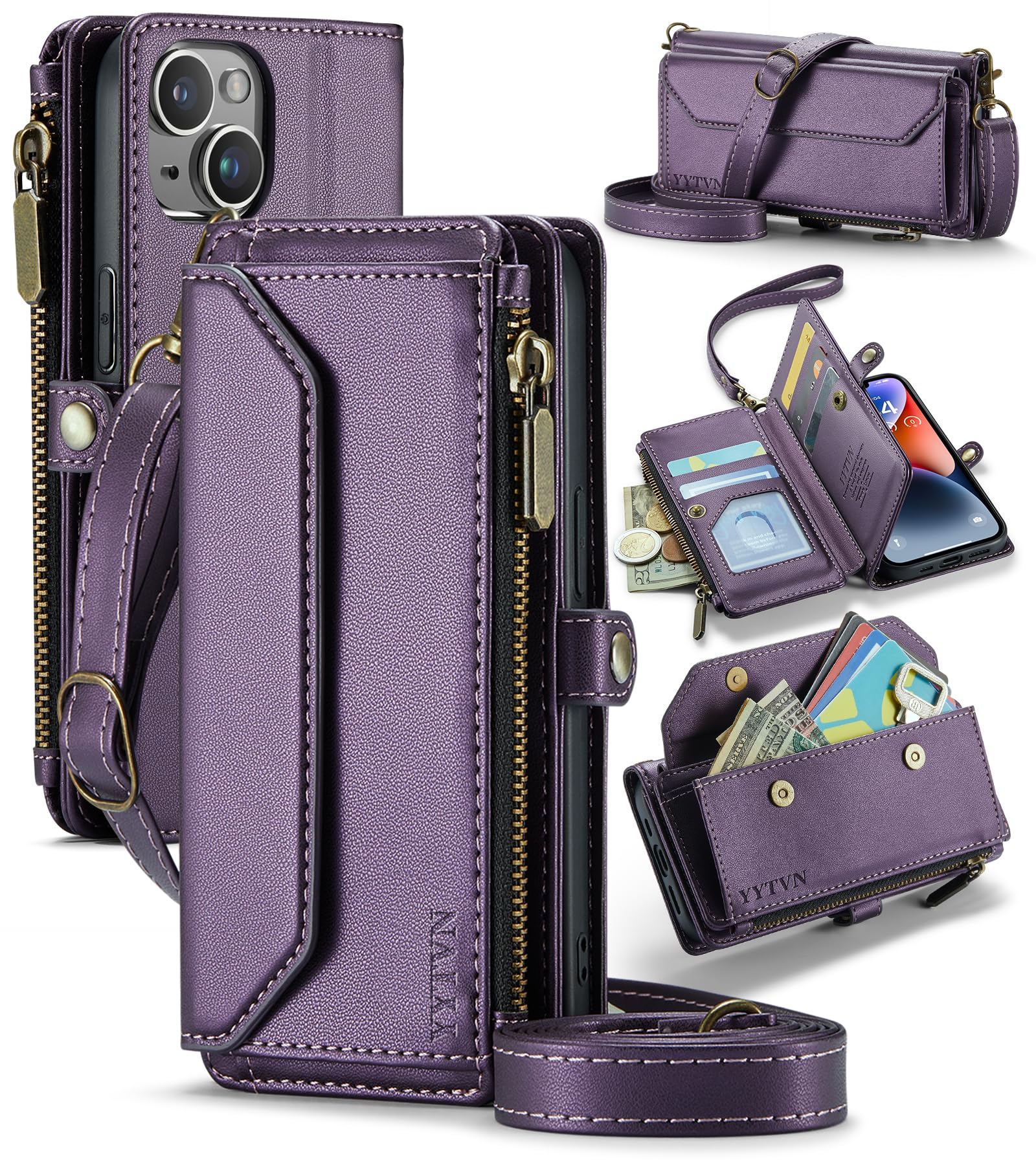YYTVN for iPhone 15 Plus Wallet Case with Zipper Card Holder & Crossbody Lanyard Strap & Wrist Strap, RFID Blocking PU Leather Magnetic Flip Handbag