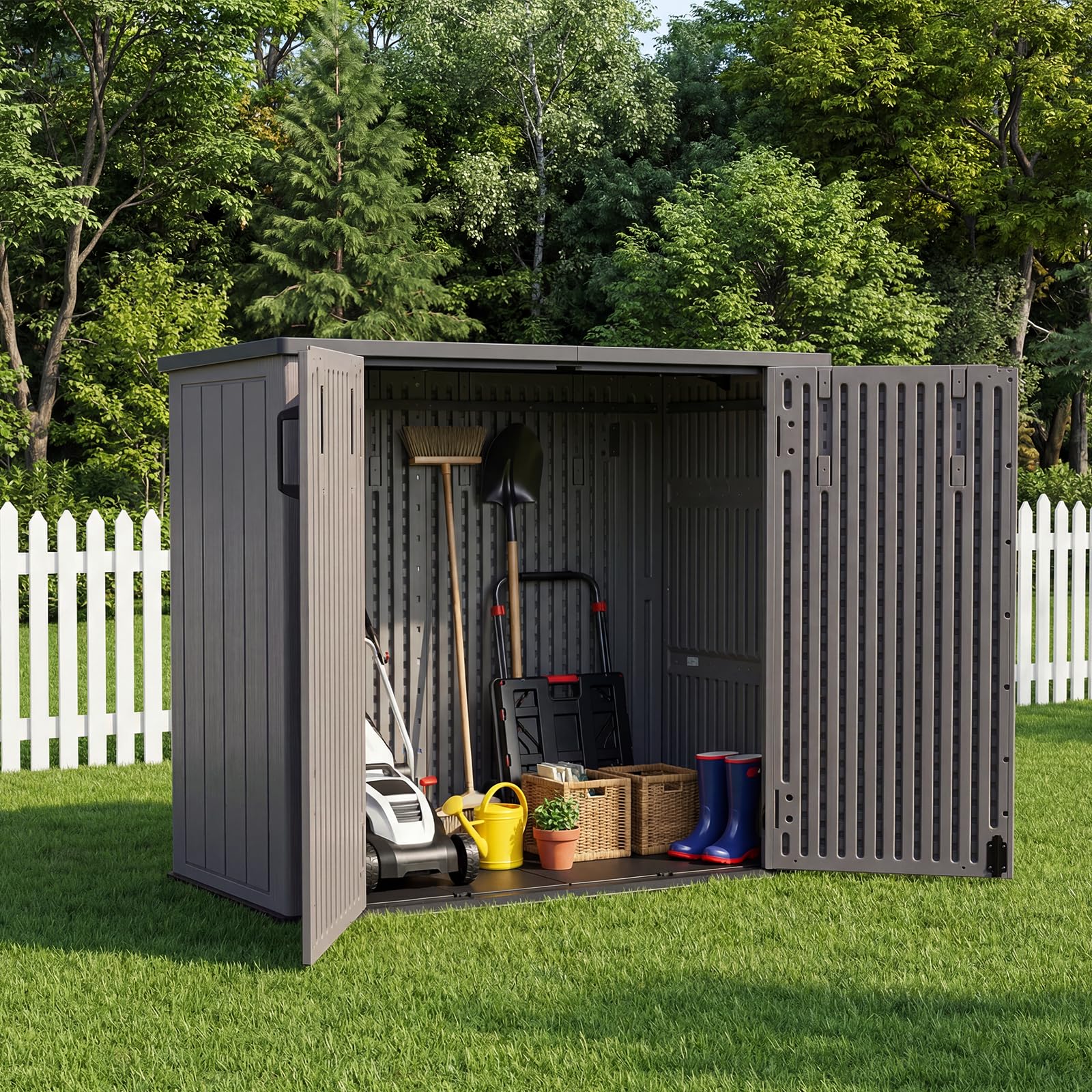 Panana Plastic Shed Garden Storage With Floor Lockable Outdoor Storage House Tool Shed Box, Compact Utility Tool Cabinet L142xW67xH 118.5cm (GSGD24)