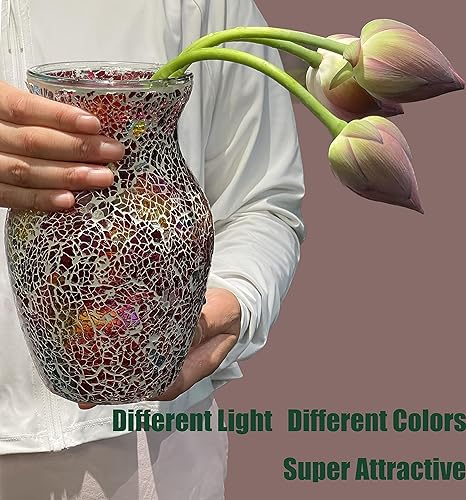 Miniatura 5 de Jarrón de Cristal de Mosaico Rojo de 8" de Altura, Decoración del Hogar Jarrón de Flores de Mosaico Moderno de Tamaño Mediano para Dormitorio, Sala