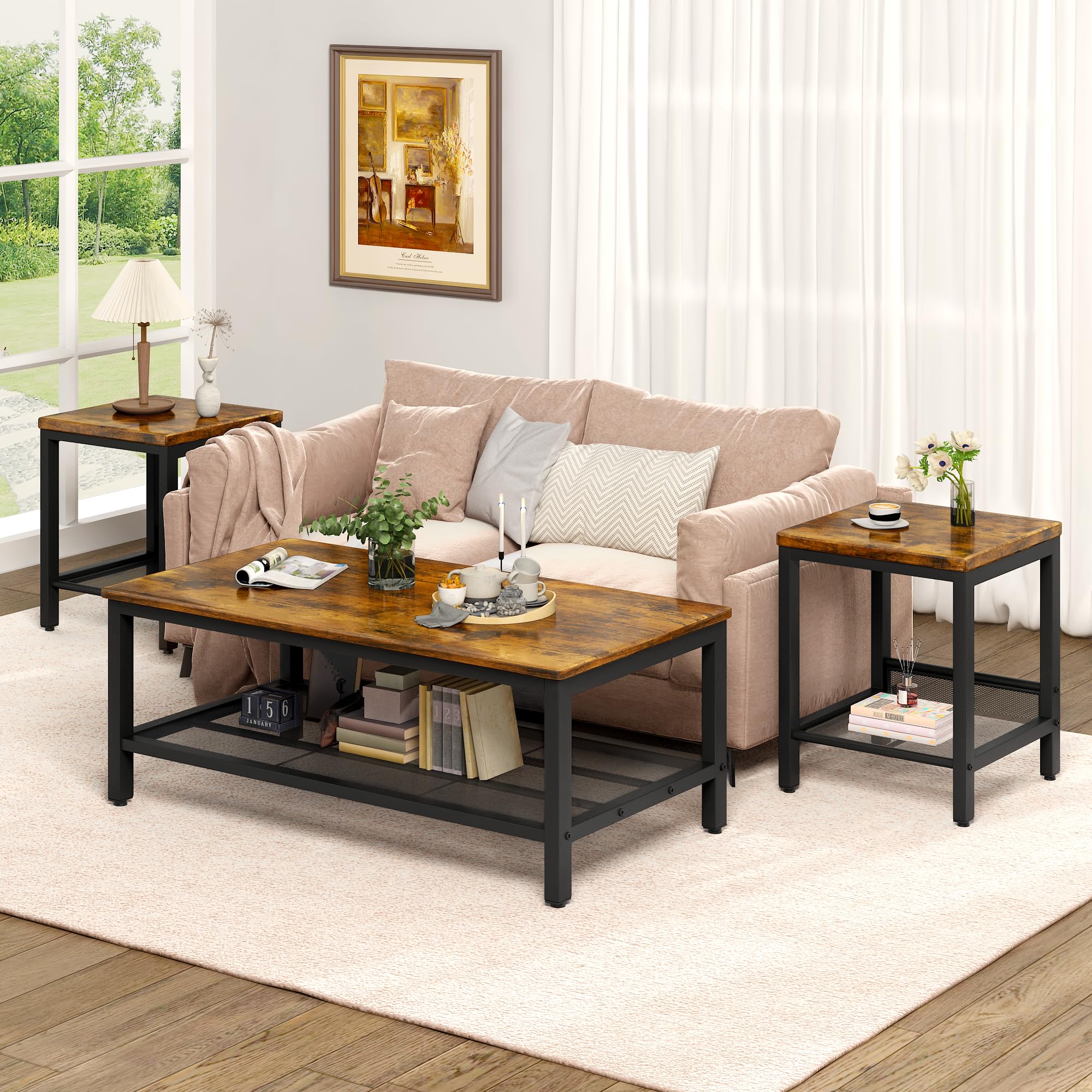 3-Piece Coffee Table and End Table Sets for Living Room, Industrial Coffee Table Set of 3 with Storage, Modern Farmhouse Rustic Living Room Table Set for Apartment Home Office