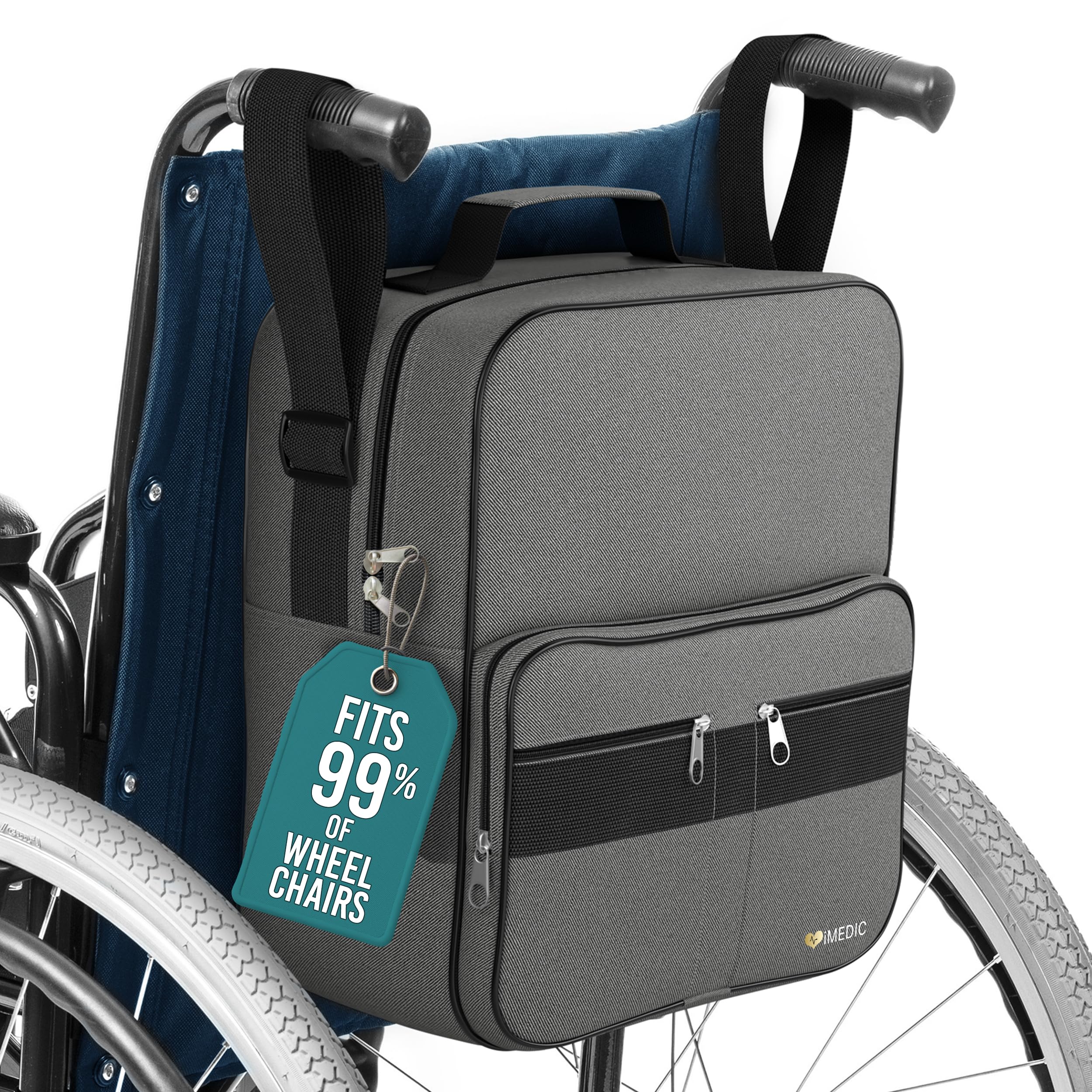 Deluxe Wheelchair Bag – Storage Backpack for Adults – Hangs Securely on Wheelchair Back – Organiser for Mobility & Electric Wheelchairs – Grey