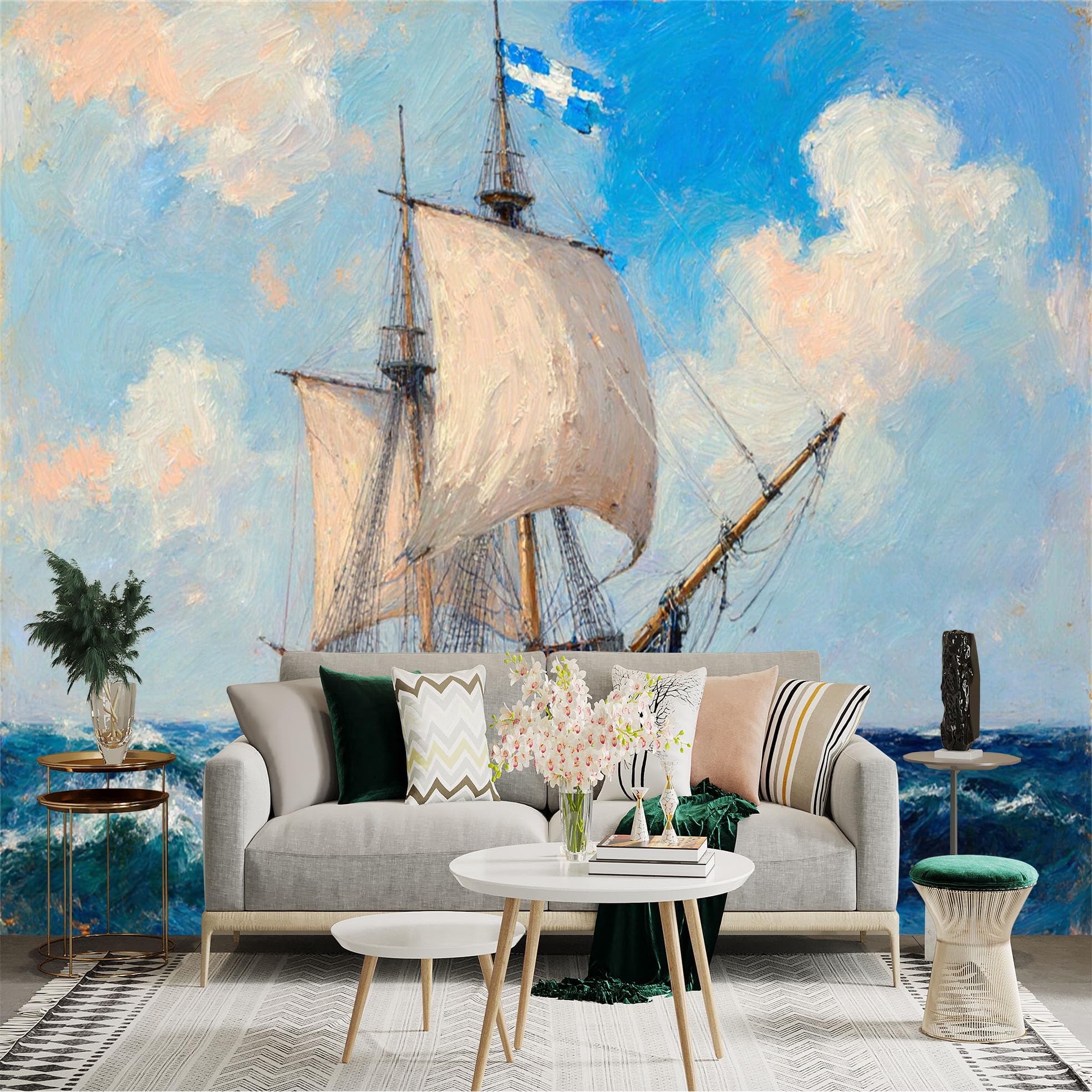 Custom Size Wall Sticker Mural， Vintage Sailing Ship on Ocean， Nautical Oil Painting Style， Blue Sky and Waves， for wall Decoration， peelandstick wall Decals.