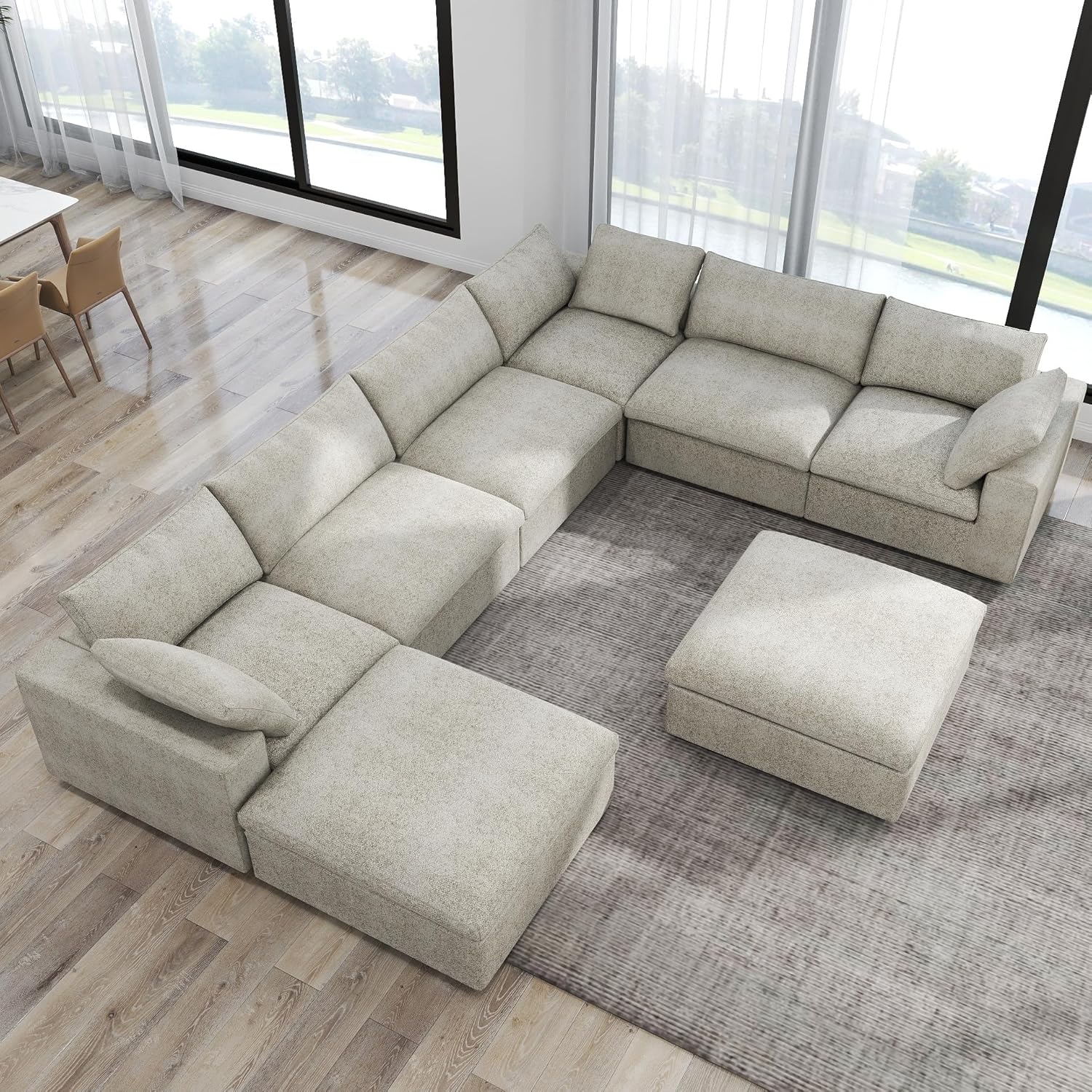 JACH 160" Cloud Sectional Couch, Overzised Down Filled Comfy Couch, 8 Seater Convertible Modular Cloud Sofa for Living Room, Minimalist Deep Seat Modern Couches,Sofa Cover Removable, Khaki