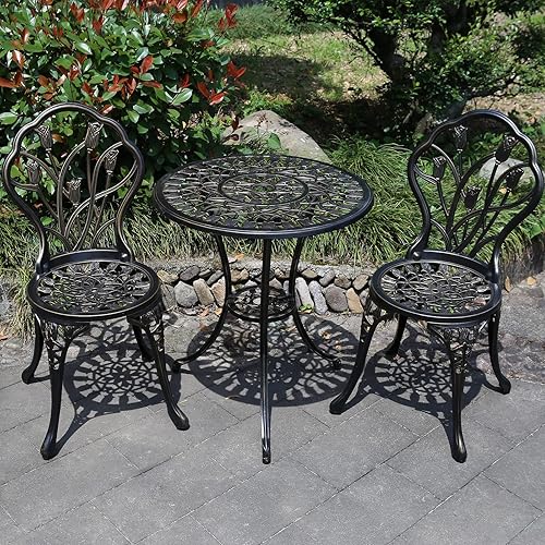 Miniatura 7 de Juego de mesa de bistró de patio de aluminio fundido resistente al óxido con agujero para sombrilla para patio trasero (Tulip Copper)