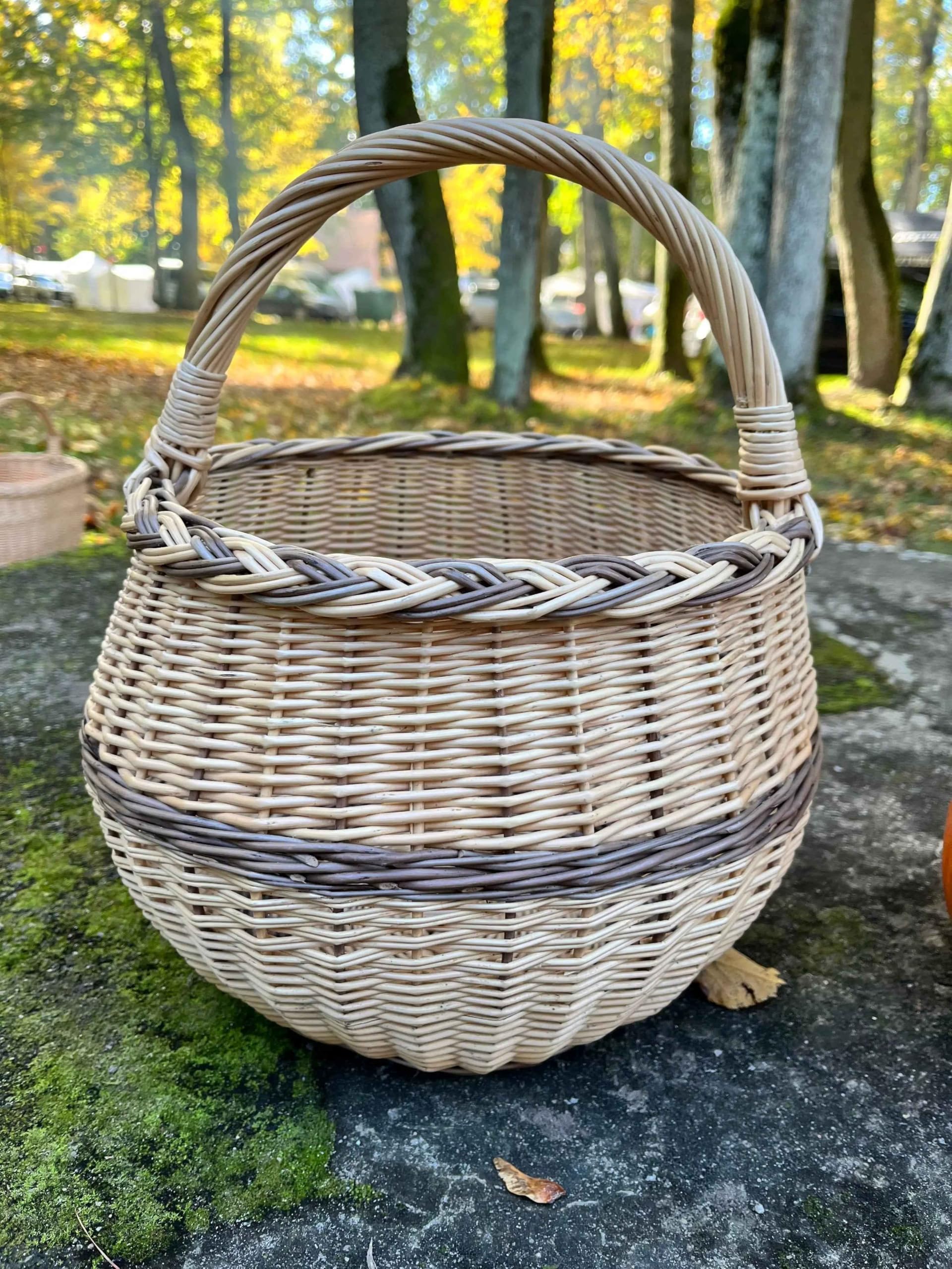 Cesta honda de mimbre para bayas con borde trenzado, marrón sin pelar