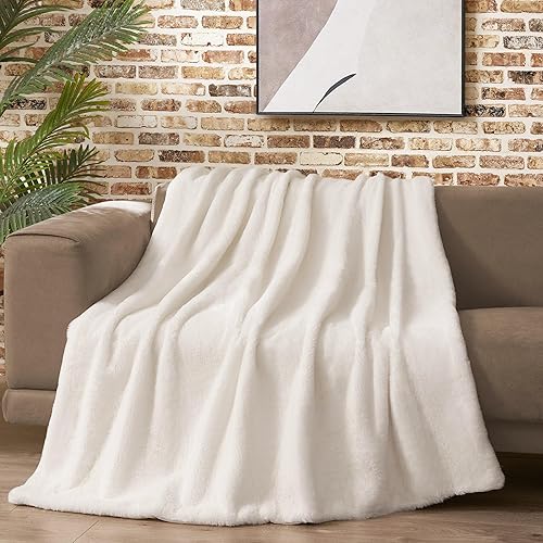 Lucky Brand Manta de piel sintética de visón de conejo sólido, manta de piel sintética de felpa para sofá o cama, 50 x 70 pulgadas, color blanco