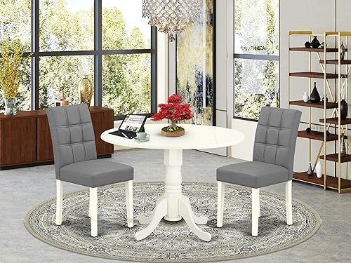 East West Furniture DLAS3-WHI-41 Dublin - Juego de comedor de 3 piezas consta de una mesa de madera y 2 sillas de cocina de piel sintética gris
