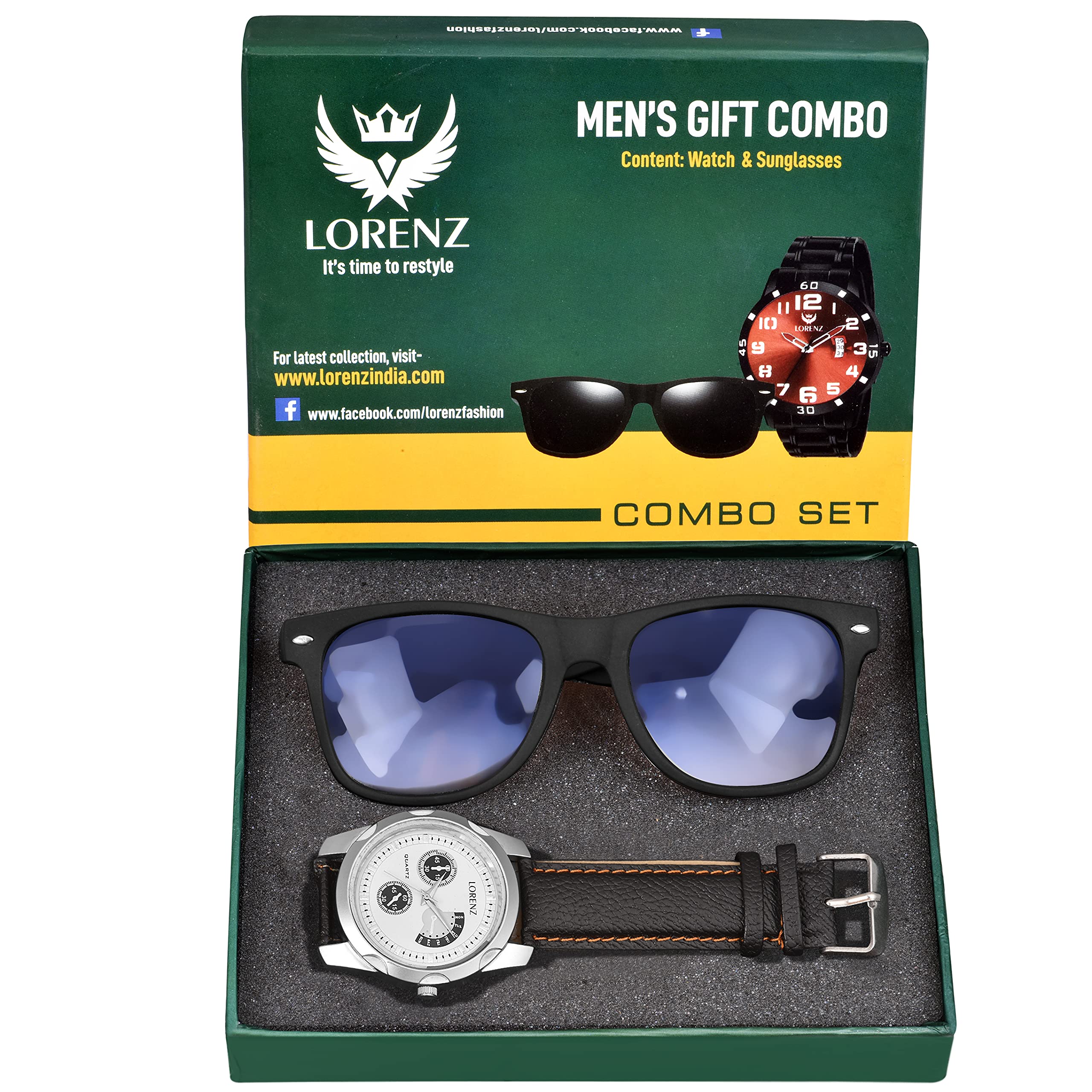 LORENZ Gift Set Combo of Mens Analogue White Dial Watch & Blue Sunglasses | CM-1069SN-15 (B097BWQP3D) Amazon Price History, Amazon Price Tracker