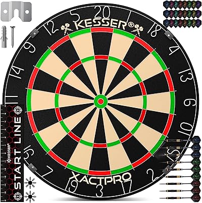 KESSER® Profi Dartscheibe Sisal – Steeldart Dartboard Set 9 Pfeilen mit Metallspitze, 24 Pro Flights & Zubehör, selbstheilend, Wandmontage, Steeldartscheibe Dartboard, inkl. Montageset