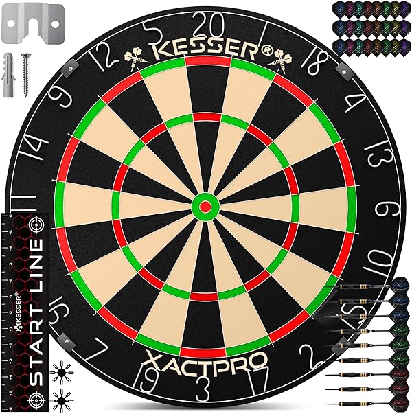 KESSER® Profi Dartscheibe Sisal – Steeldart Dartboard Set 9 Pfeilen mit Metallspitze, 24 Pro Flights & Zubehör, selbstheilend, Wandmontage, Steeldartscheibe Dartboard, inkl. Montageset