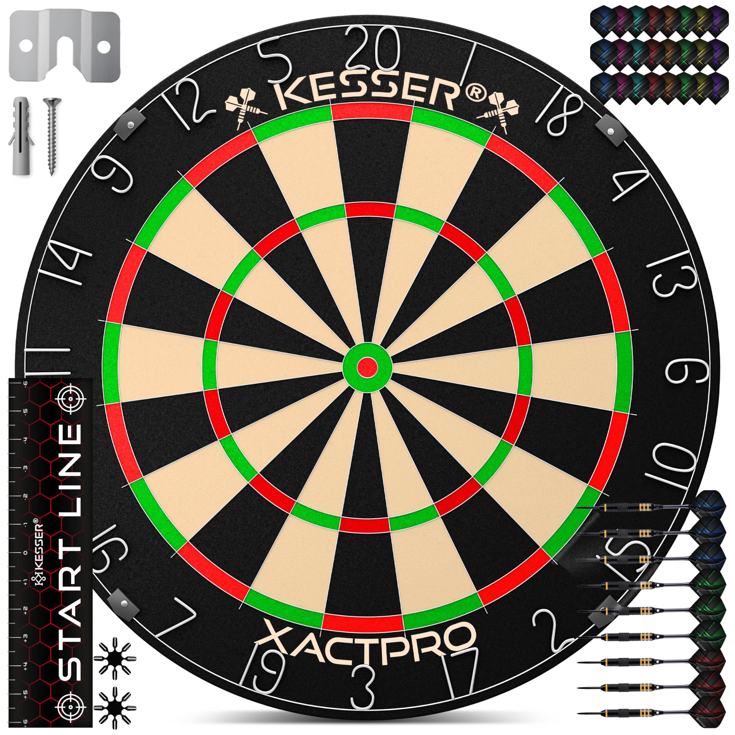KESSER® Profi Dartscheibe Sisal – Steeldart Dartboard Set 9 Pfeilen mit Metallspitze, 24 Pro Flights & Zubehör, selbstheilend, Wandmontage, Steeldartscheibe Dartboard, inkl. Montageset