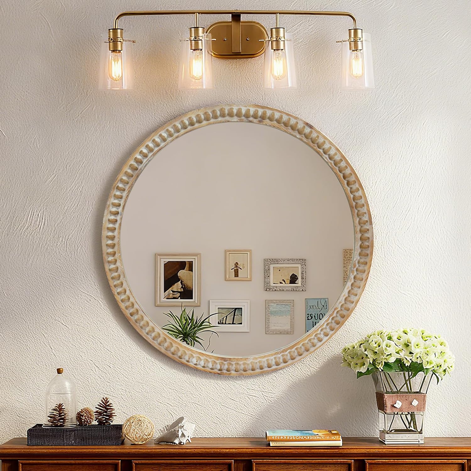 RiteSune 27.5" Round Decorative Wall Mirror, Distressed Wood Frame with Beaded Detailing, Farmhouse Rustic Accent Mirror for Entryway Living Room Bathroom, Versatile Vintage Home Decor