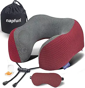 napfun Neck Pillow for Traveling, Upgraded Travel Neck Pillow for Airplane 100% Pure Memory Foam Travel Pillow for Flight Headrest Sleep, Portable Plane Accessories, Wine-Red Set, Medium (120-200LB)