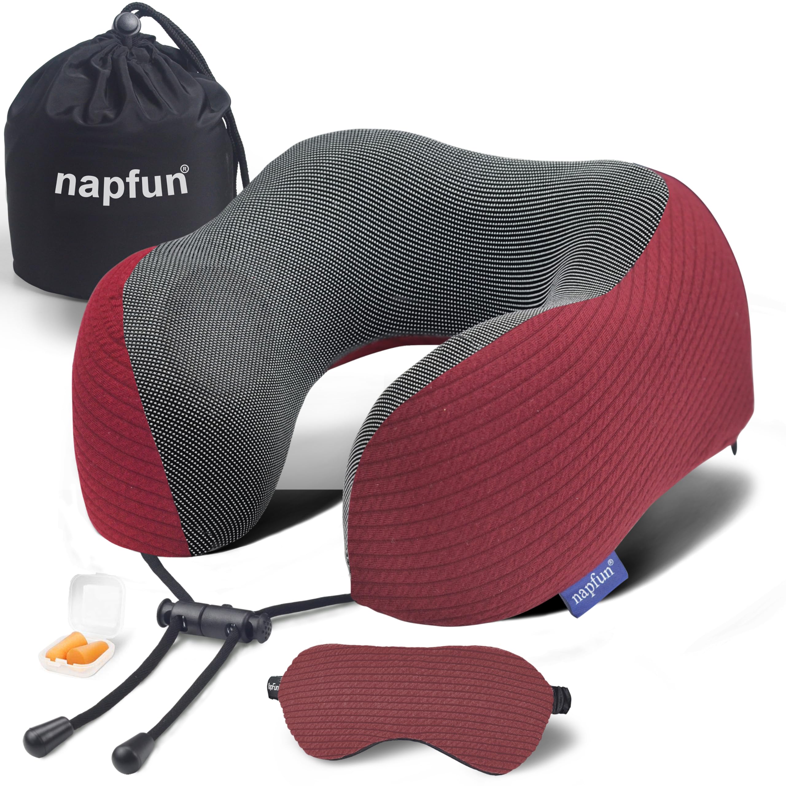 napfun Neck Pillow for Traveling, Upgraded Travel Neck Pillow for Airplane 100% Pure Memory Foam Travel Pillow for Flight Headrest Sleep, Portable Plane Accessories, Luxury Sets (Optional), Wine-Red