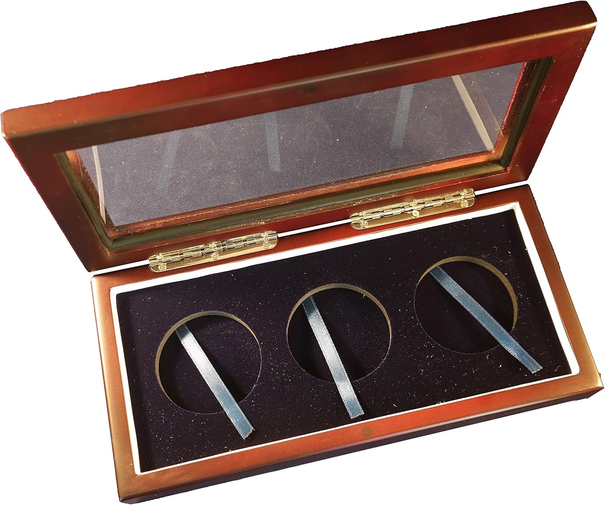 Caja expositora superior de vidrio y madera para 3 cápsulas de monedas extragrandes o Air-Tite I/monedas Challenge de 2"