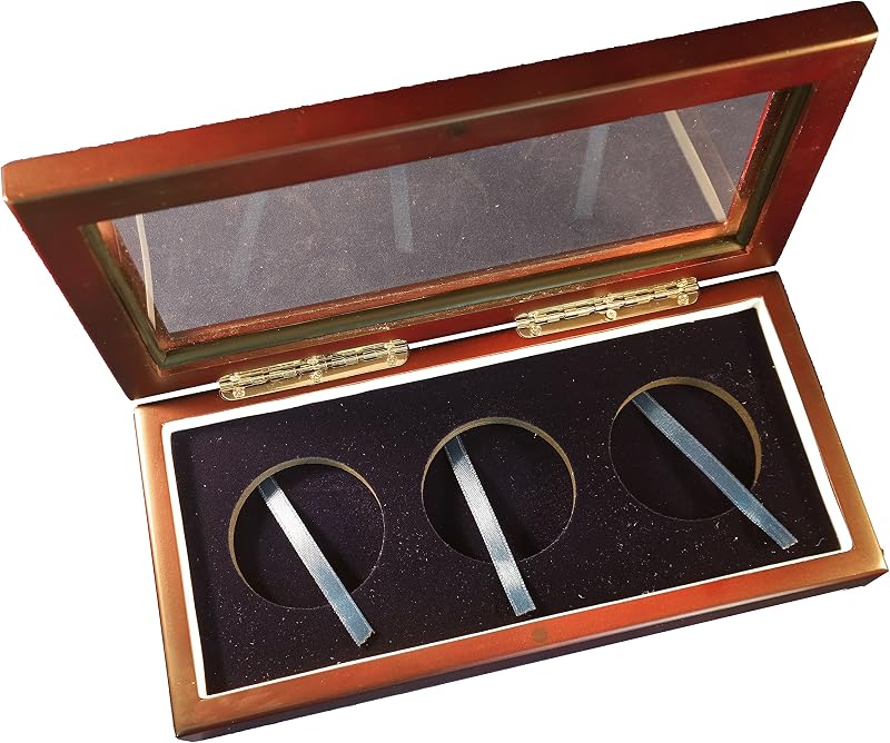 Caja expositora superior de vidrio y madera para 3 cápsulas de monedas extragrandes o Air-Tite I/monedas Challenge de 2"