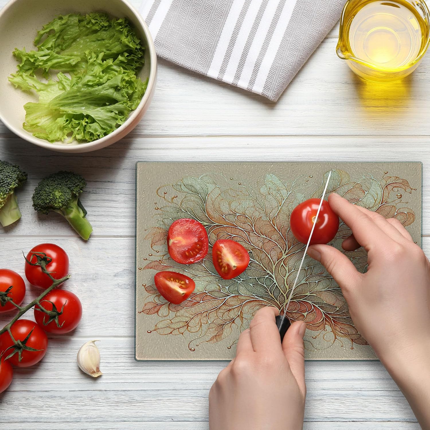 Ambesonne Peach Cutting Board, Watercolor Style Scale and Leafy Look Abstract Branches Tender Colors, Decorative Tempered Glass Cutting and Serving Board, Small Size, Salmon and Pale Sage Green