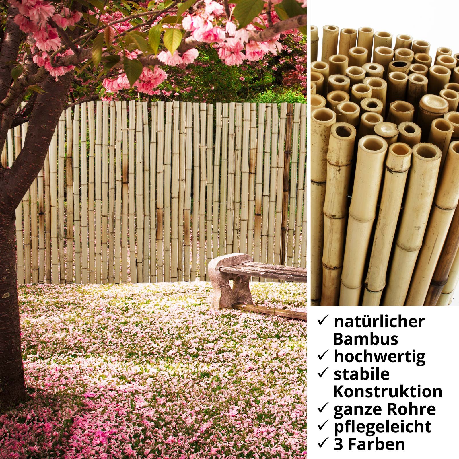 Amazon.de: casa pura Bambus Sichtschutz | Bambusmatte in Premiumqualitt,  Massive Bambusrohre | naturbelassen | DREI Gren (180x200cm, HxB)