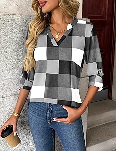 Zeagoo Womens Roll Up Long Sleeve Tops V Neck Shirts Dressy Casual Work Blouses S-2XL