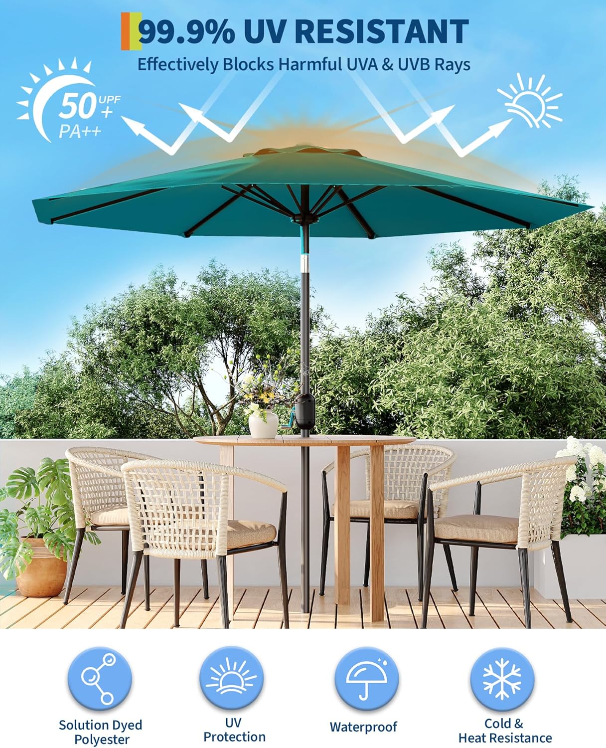 GarveeLife 10 ft Outdoor Patio Umbrella,Table Market Umbrella with Push Button Tilt and Crank, 8 Sturdy Ribs UV Protection Waterproof for Garden, Deck, Backyard, Pool (Turquoise Blue)