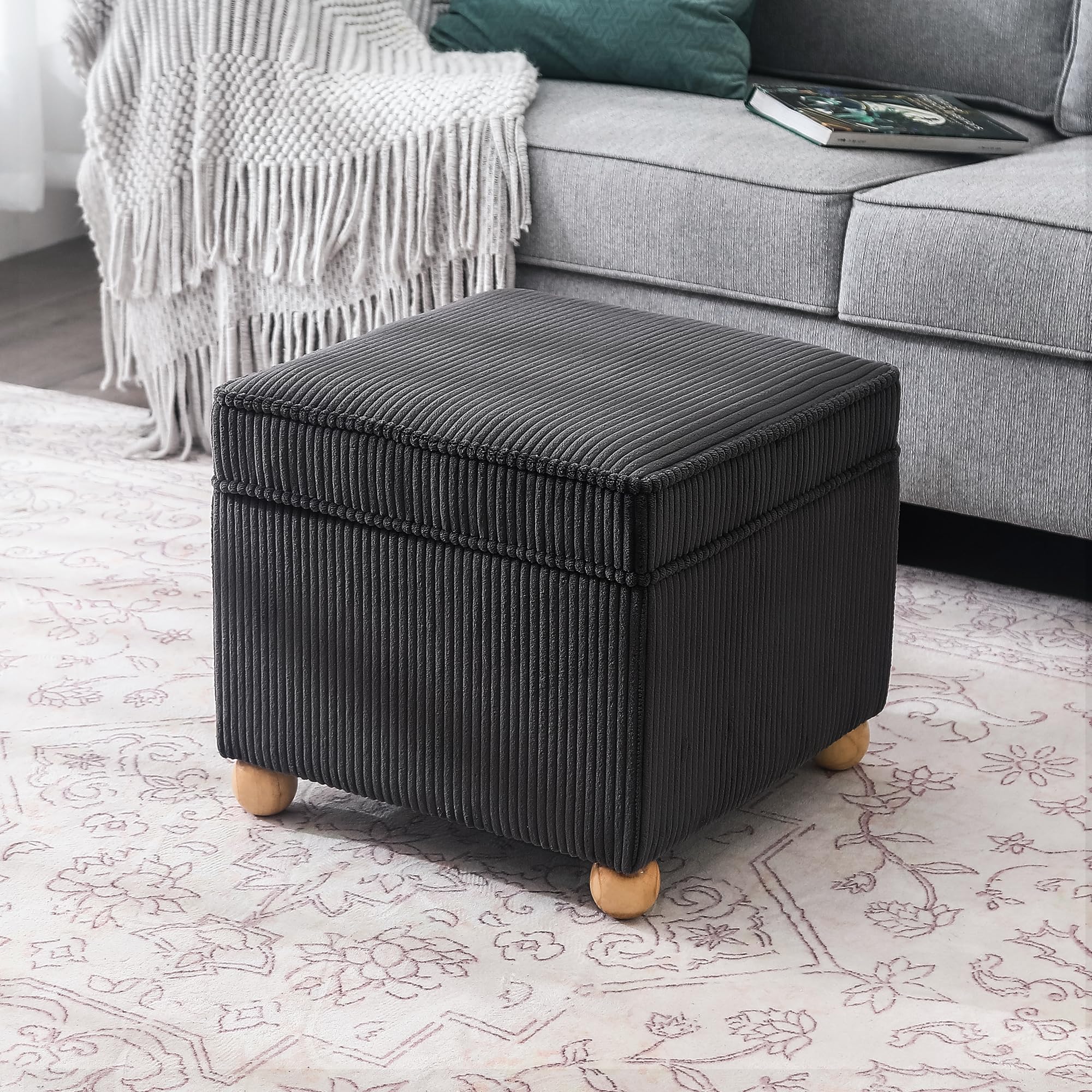 Adeco 17 Inch High Striped Flannel Black Cube Ottoman Storage, 3D Embossed Velvet Chair Foot Stools, Upholstered Vanity Stool with Hinged Lid, Solid Round Wood Legs