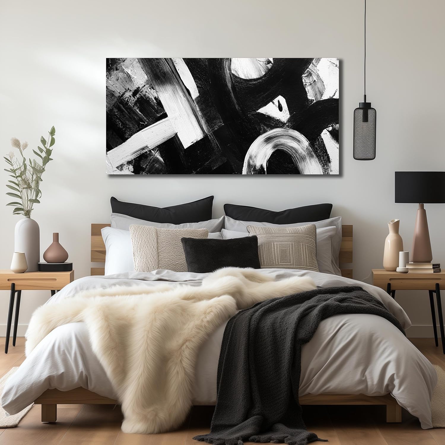 Ouzzlie Abstract Canvas Art White Wall Decorations Black Wall Picture for Living Room Bedroom Office Modern Prints Artwork 24"x 48"