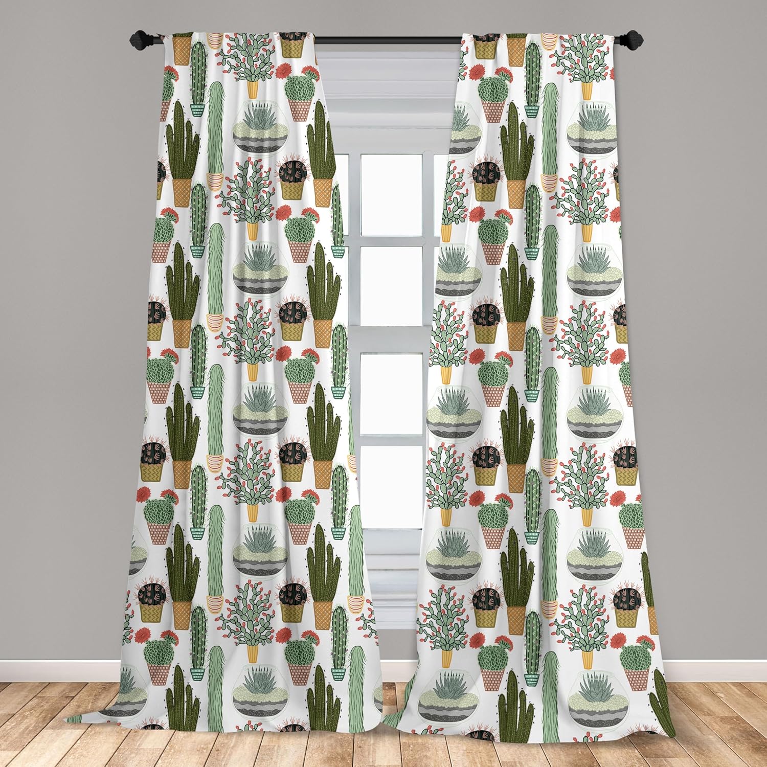 Ambesonne Cactus Window Curtains, Pattern with Succulent Plants and Cactuses in Pots Botanical Floral Mexican Garden, Lightweight Decor 2-Panel Set with Rod Pocket, Pair of - 28" x 84", Green White