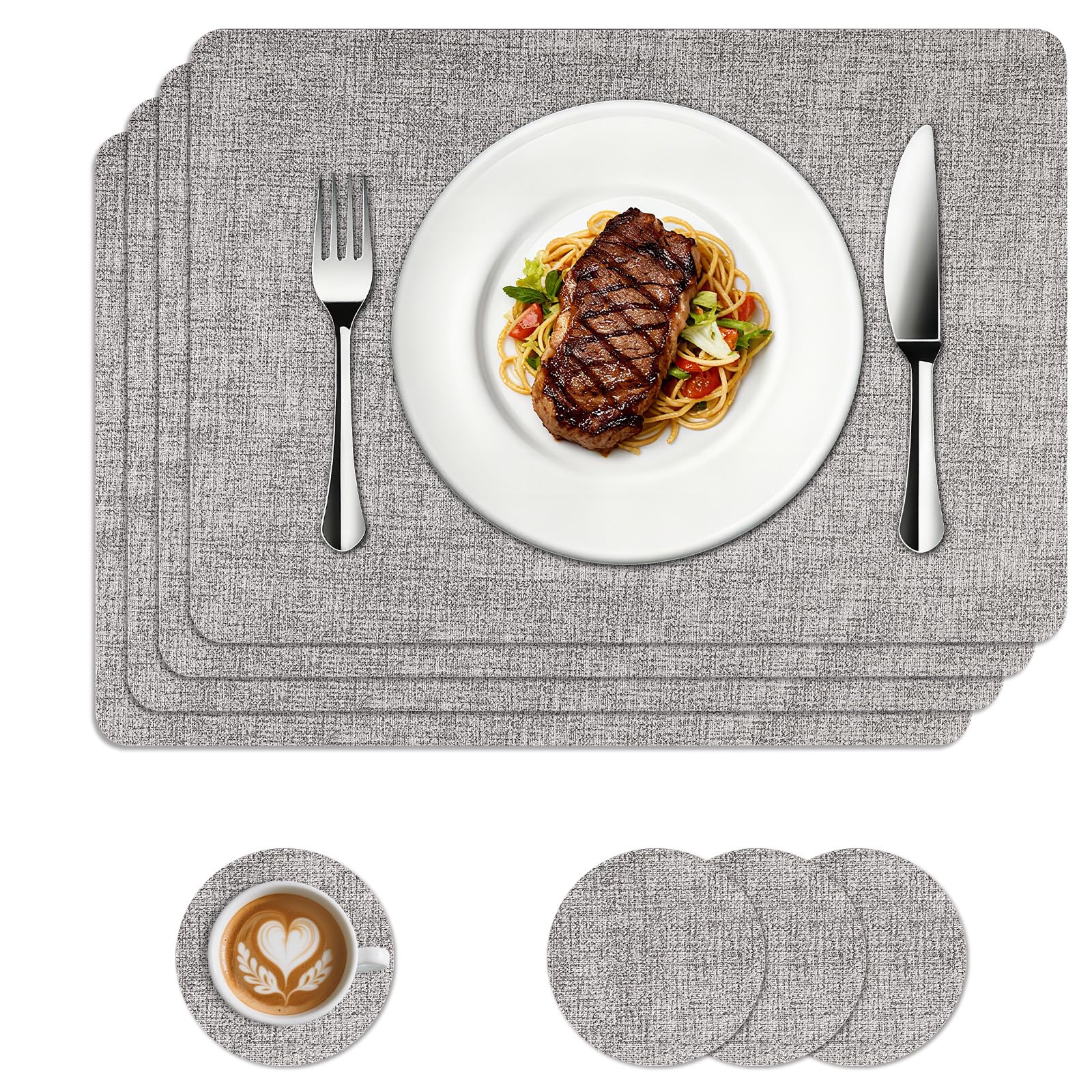 Placemats and Coaster Sets 4, Waterproof Table Mats, 43 * 30cm, Gray