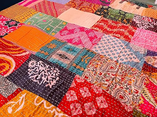 Miniatura 7 de Edredón Kantha de algodón vintage indio de 55 x 85 pulgadas, parches surtidos de algodón Kantha bordado a mano, juego de 1, tamaño individual
