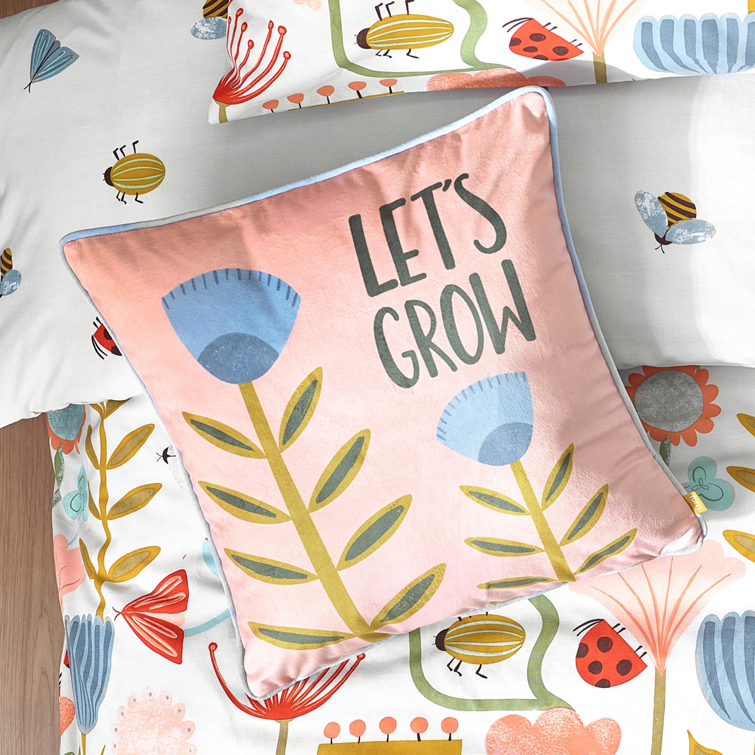 Little Furn Let's Grow Piped Velvet Cushion - Pink - 43cm x 43cm - Polyester Filled