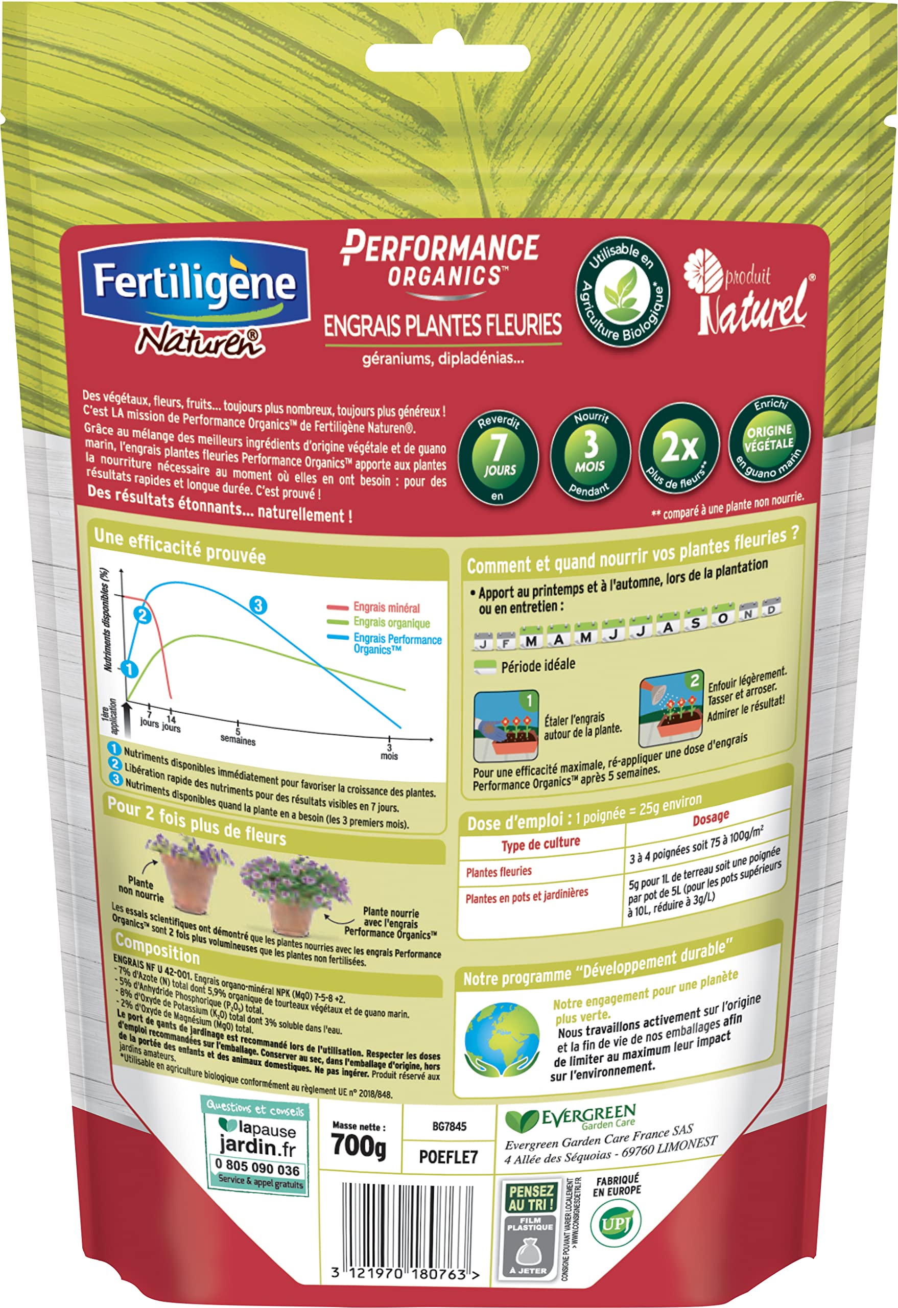 FERTILIGENE NATUREN POEFLE7 Engrais Granulés Performance Organics Plantes Fleuries 700 g Pour 9m²