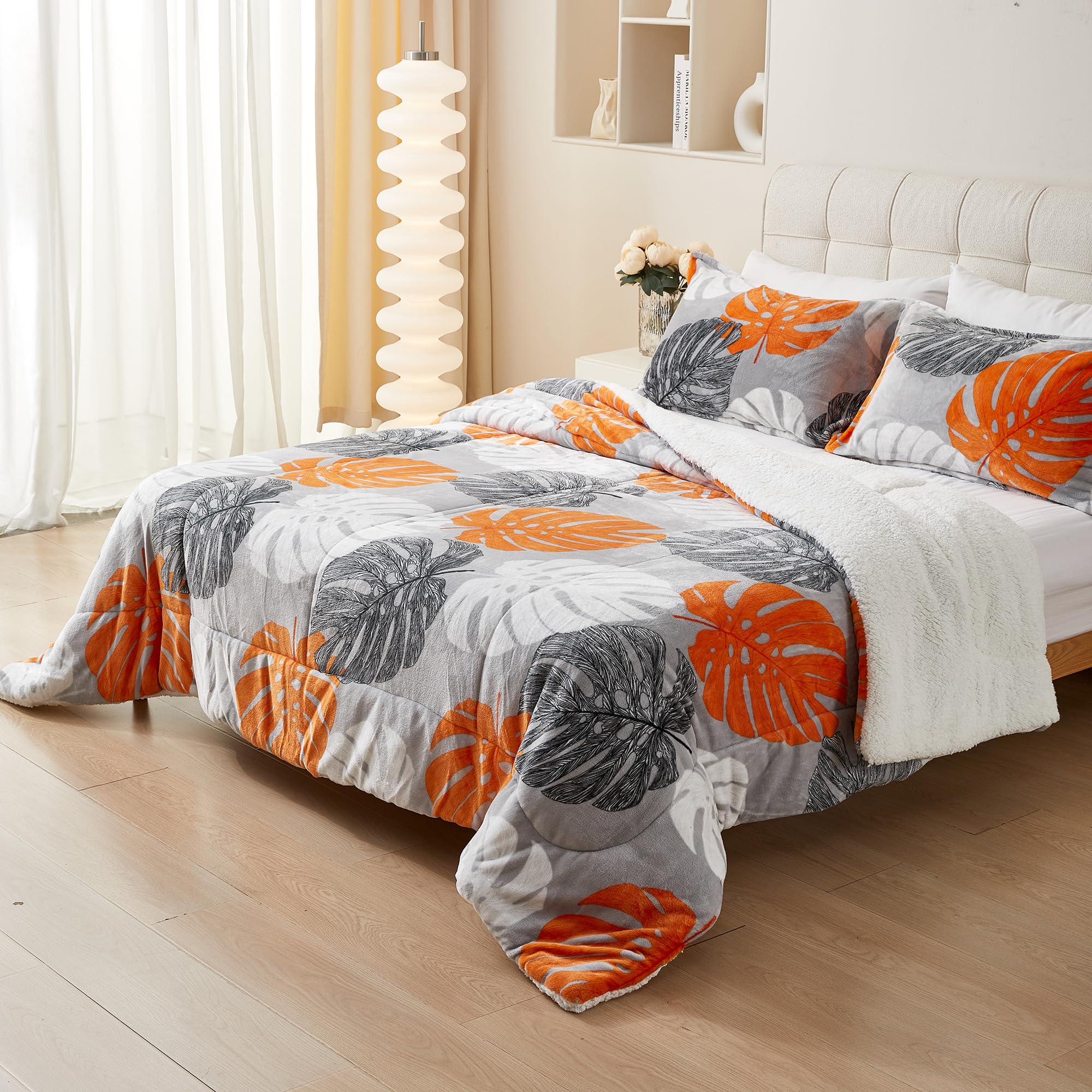 Meishdia Edredón Nórdico Borreguito Extra Suave - Incluye Funda de Almohada, Doble Capa Premium para Máximo Confort en Invierno (Hoja Naranja, Cama 135-220x240cm + 2 Fundas Almohadas)