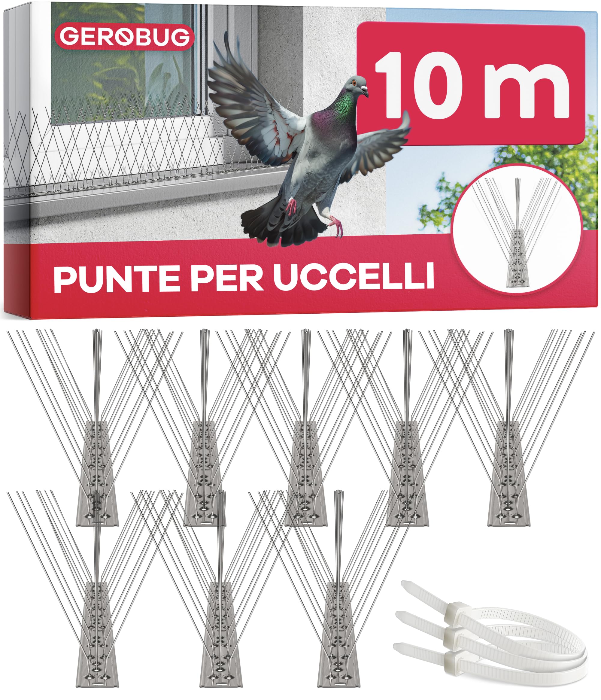 GEROBUG Dissuasori per Piccioni in Acciaio Inox 10m - Spuntoni Anti Piccioni per Balcone, Tetto e Grondaia - Protezione Efficace contro Piccioni e Uccelli