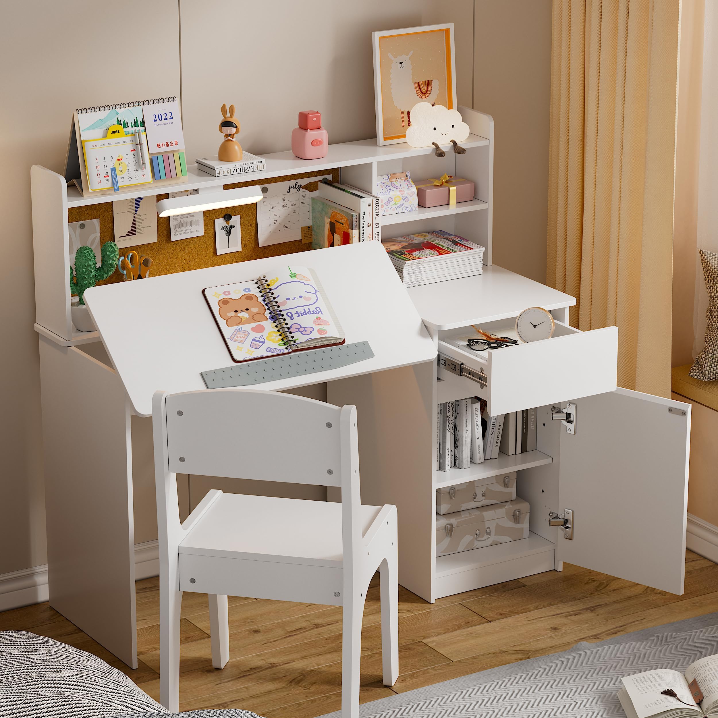 IGTOPS Kids Study Desk and Chair Set, Wooden Children Desk with LED Lamp & Tilting Tabletop, Hutch Storage, Multifunctional Kids Study Table, for Studying, Reading, Drawing