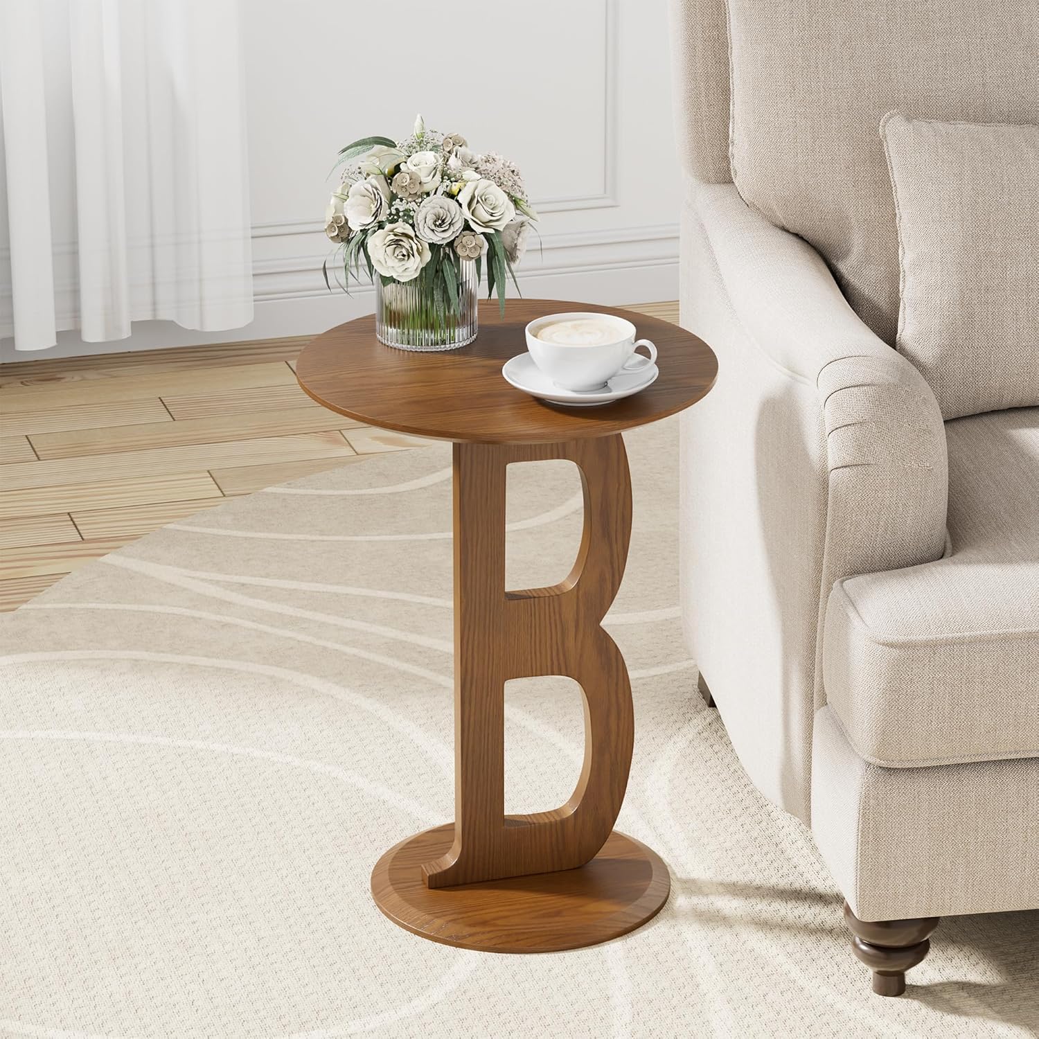 Aoligrace Small Pedestal Side Table, Decorative End Table with Letter B Leg, Wood Accent Drink Table for Couch, Living Room, Walnut Bed Side Tables for Bedroom, Corner, Small Spaces Walnut-b