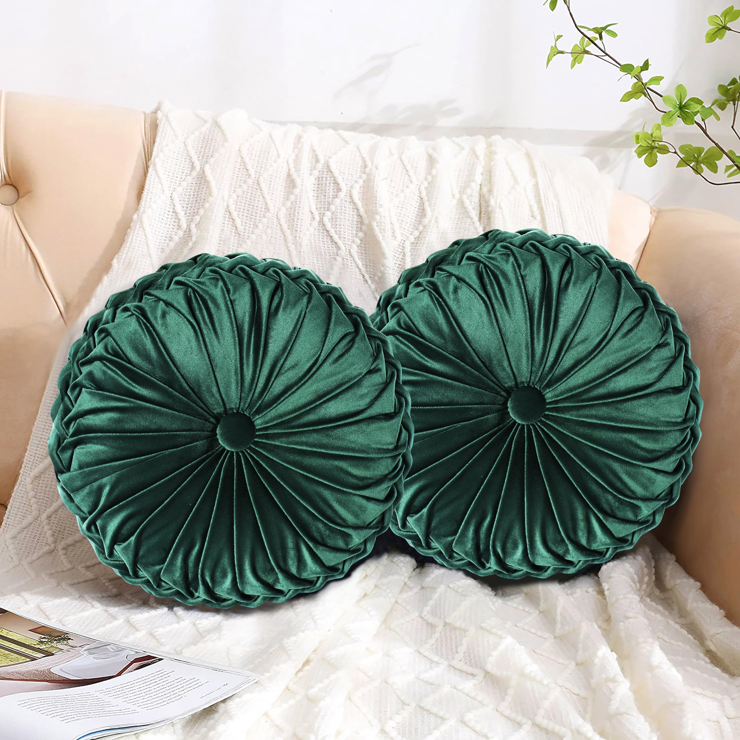 HIG Set of 2 Emerald Velvet Decorative Round Pleated Throw Pillows