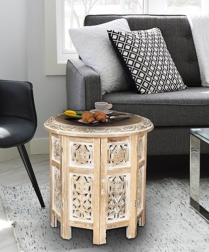 Miniatura 8 de Mesa pequeña, mesa de centro de madera, mesa de café para sala de estar, mesa auxiliar redonda tradicional, mesa auxiliar redonda moderna tallada a