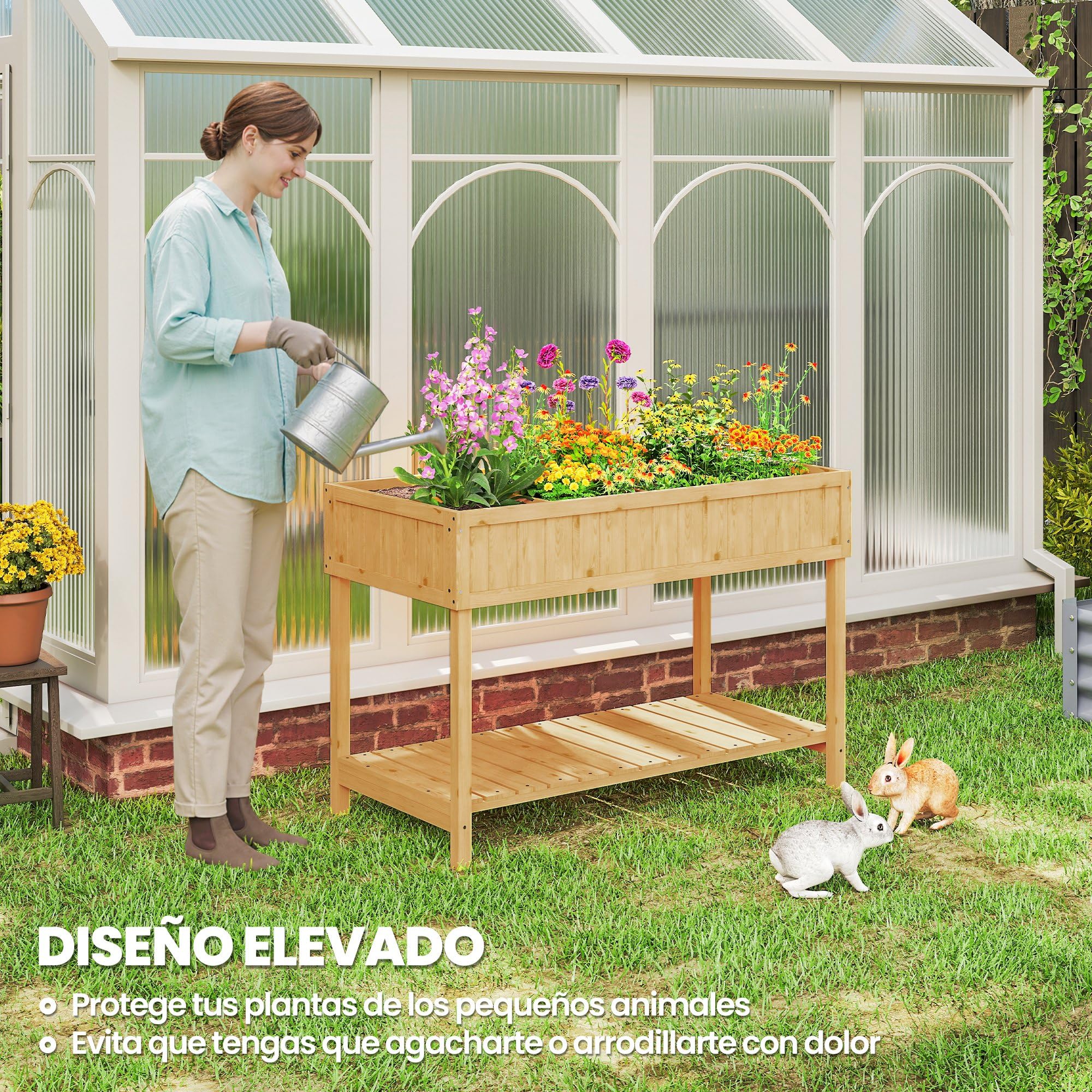 Outsunny Huerto Urbano de Madera, Mesa de Cultivo con Estante Inferior, Jardinera Elevada para Cultivo, Plantas, Flores y Verduras, 110x46x76 cm, Natural