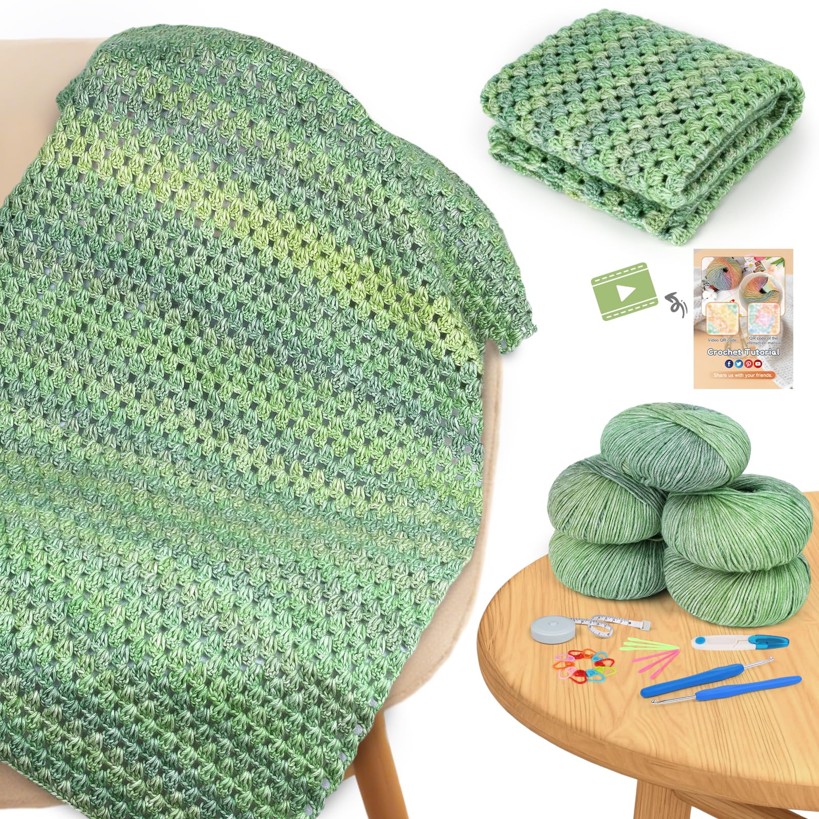 Aeelike Crochet Blanket Kit, Crochet Kits for Beginners Adults with Ombre Yarns, Gradient Striped Blanket Crochet Kit with Video Guide, Crochet Starter Blanket Kit for Beginners Adult - Green Gradient