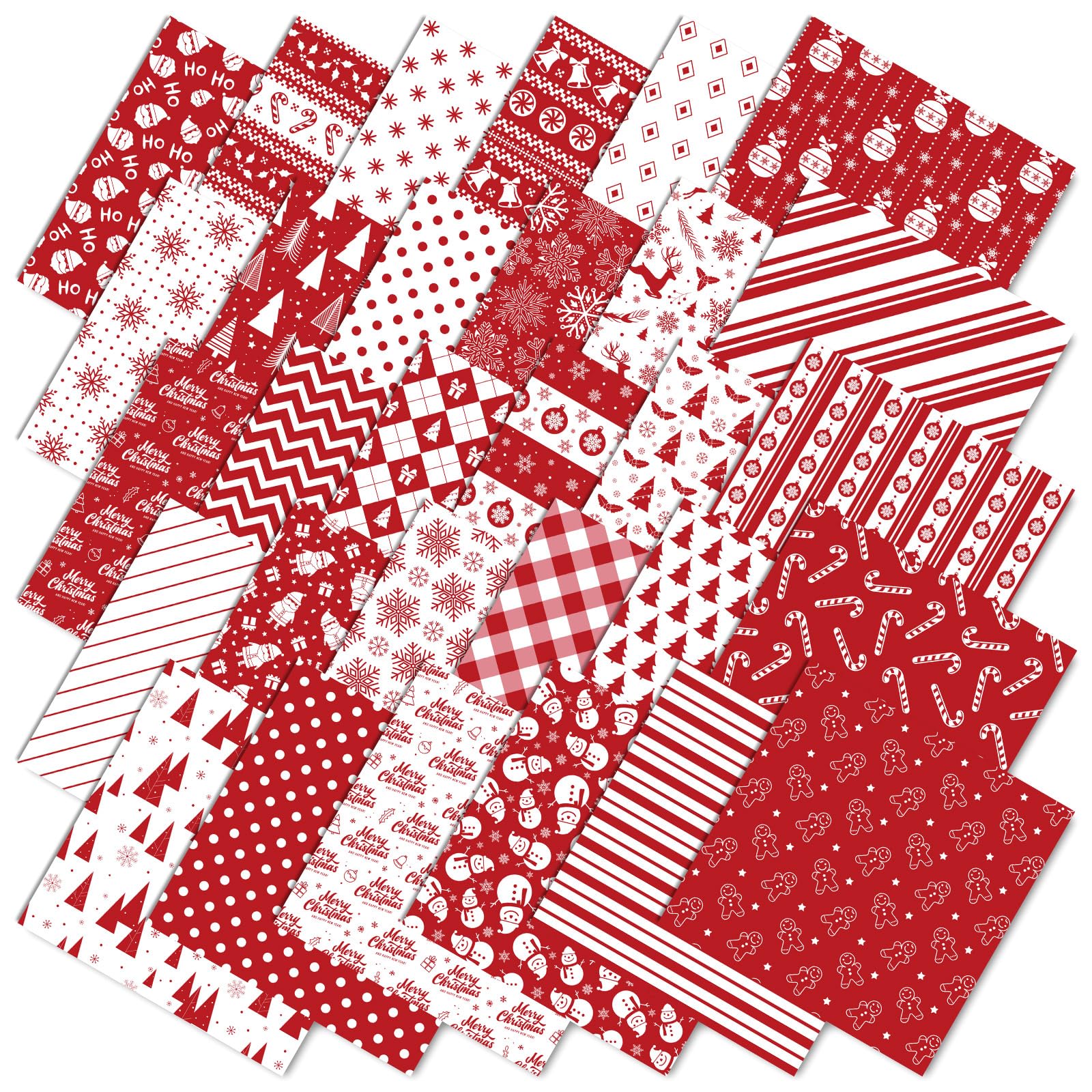 60 Pcs Christmas Cotton Fabric Bundles 10 x 10 Inch Xmas Tree Snowflake Reindeer Fabric Squares Red White Sewing Fabrics for Winter Valentine's Day DIY Craft Party Decor