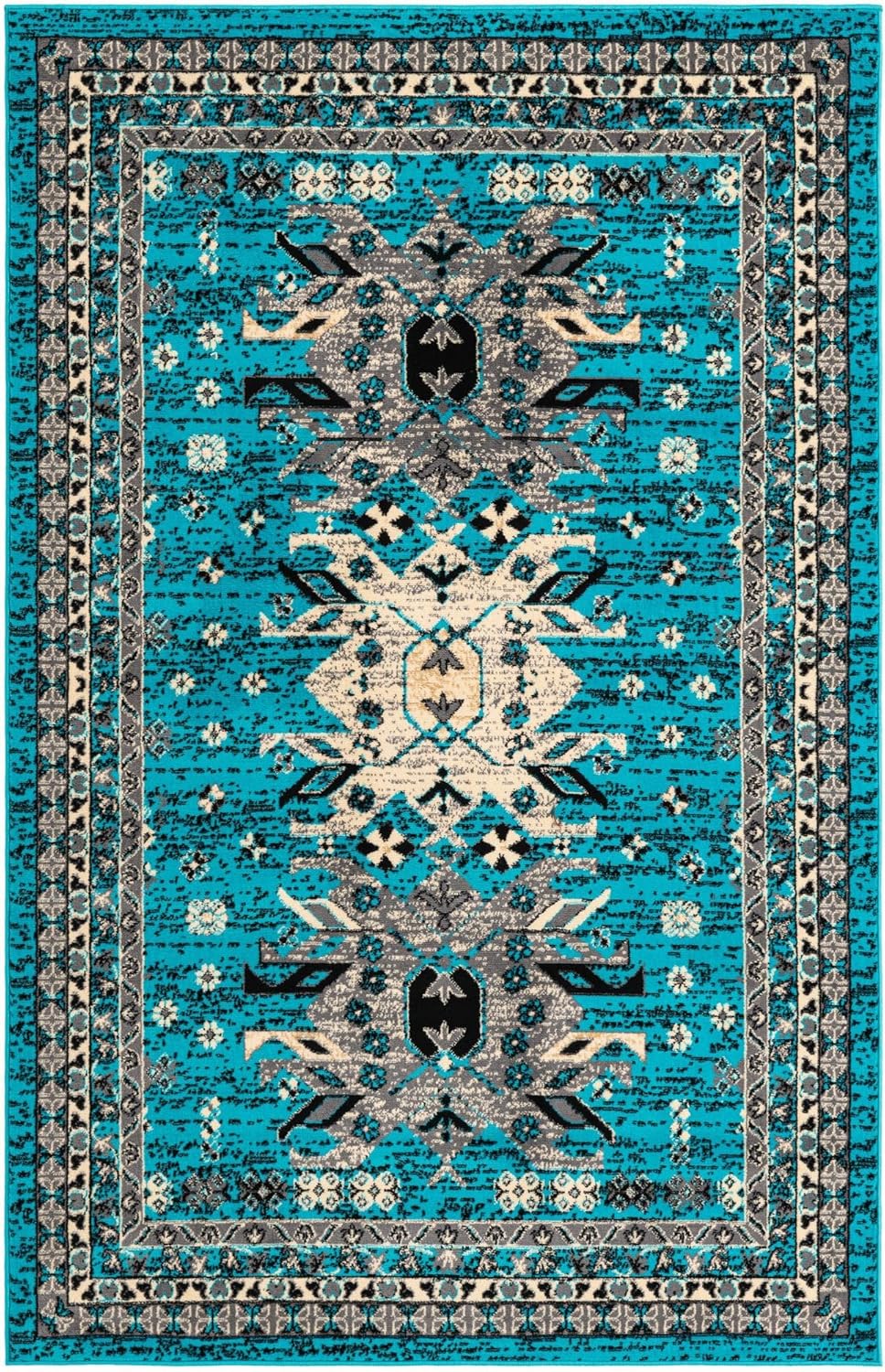 Unique Loom Taftan Collection Border Geometric Tribal Inspired Design Area Rug (5' 0 x 8' 0 Rectangular, Turquoise/ Gray)