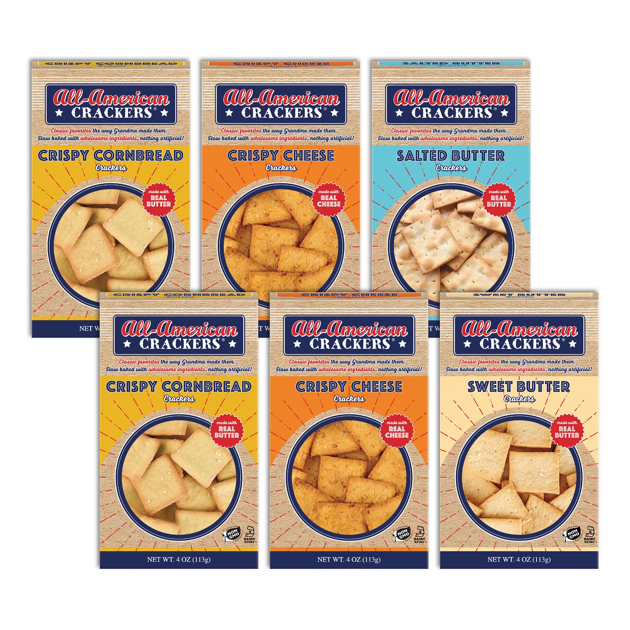 All-American Snack Crackers (4-Flavor Variety Pack), 4 Ounce (Pack of 6), Made with Real Ingredients, Non-GMO, Kosher