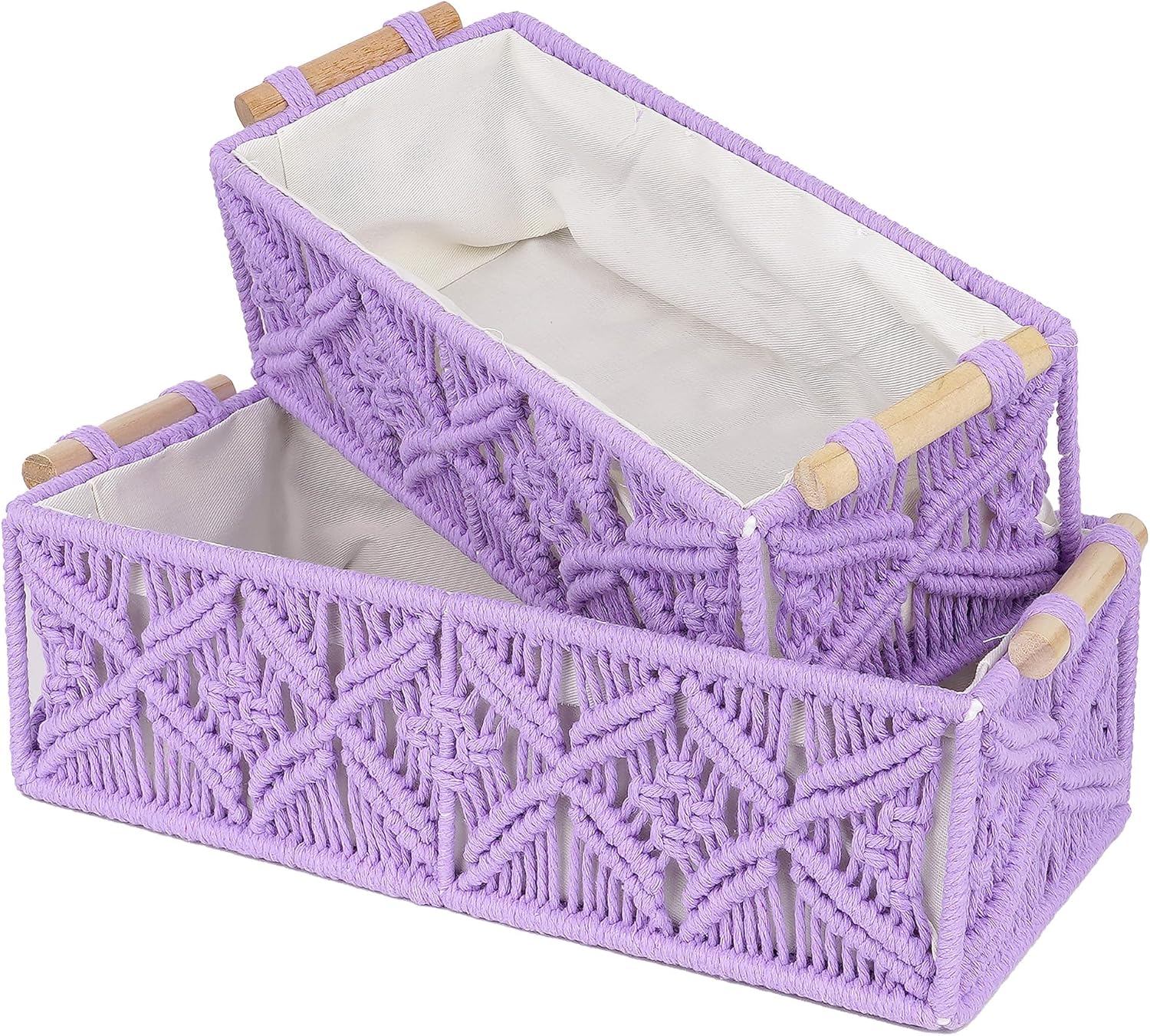 Macrame Storage Baskets Set of 2, Purple Boho Woven Shelf & Toilet Tank Organizer Bins, Decorative Cotton Rope Storage Boxes for Bathroom Bedroom Living Room