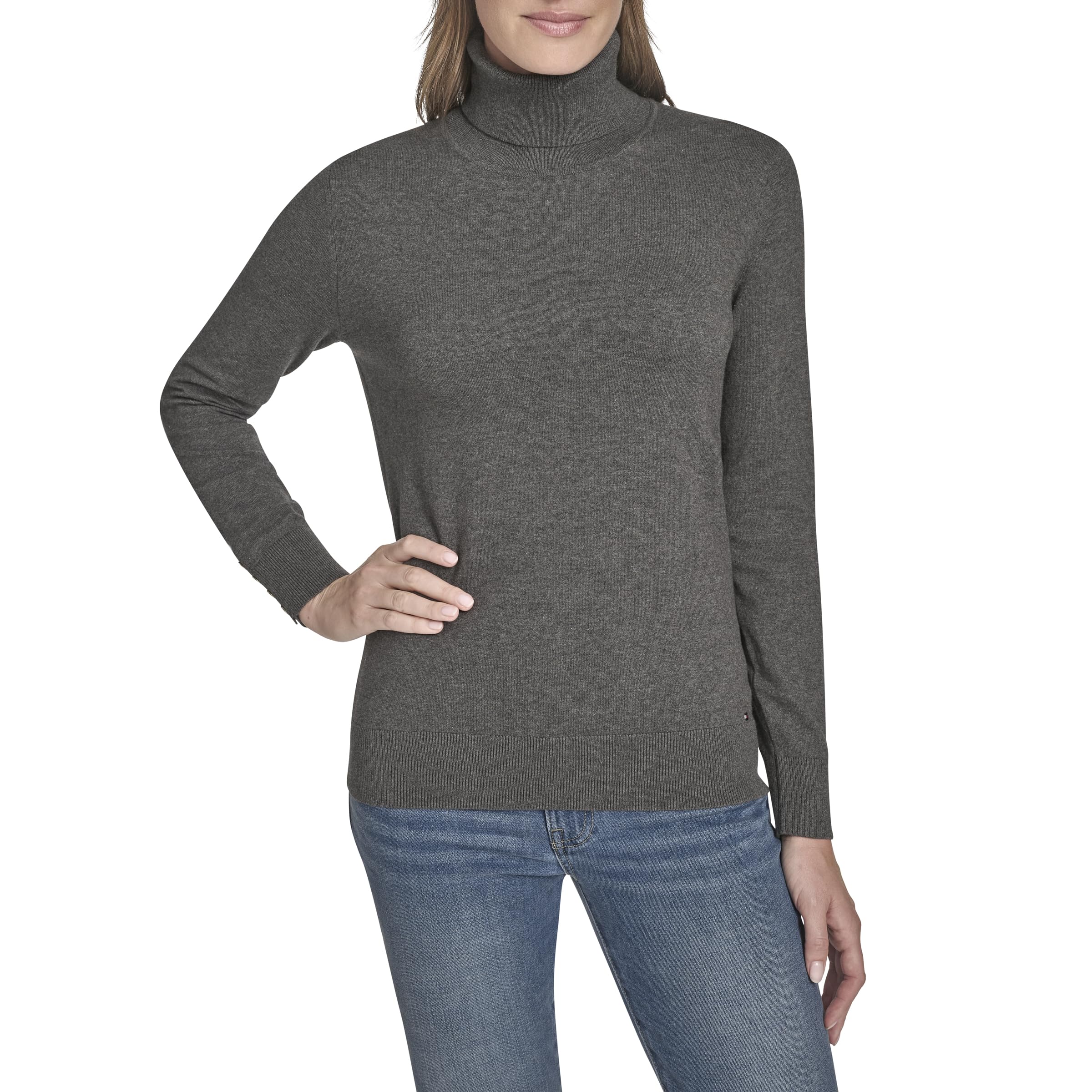 Tommy Hilfiger Women's Cotton Lightweight Turtleneck Sweater, Fog Heather Grey, M