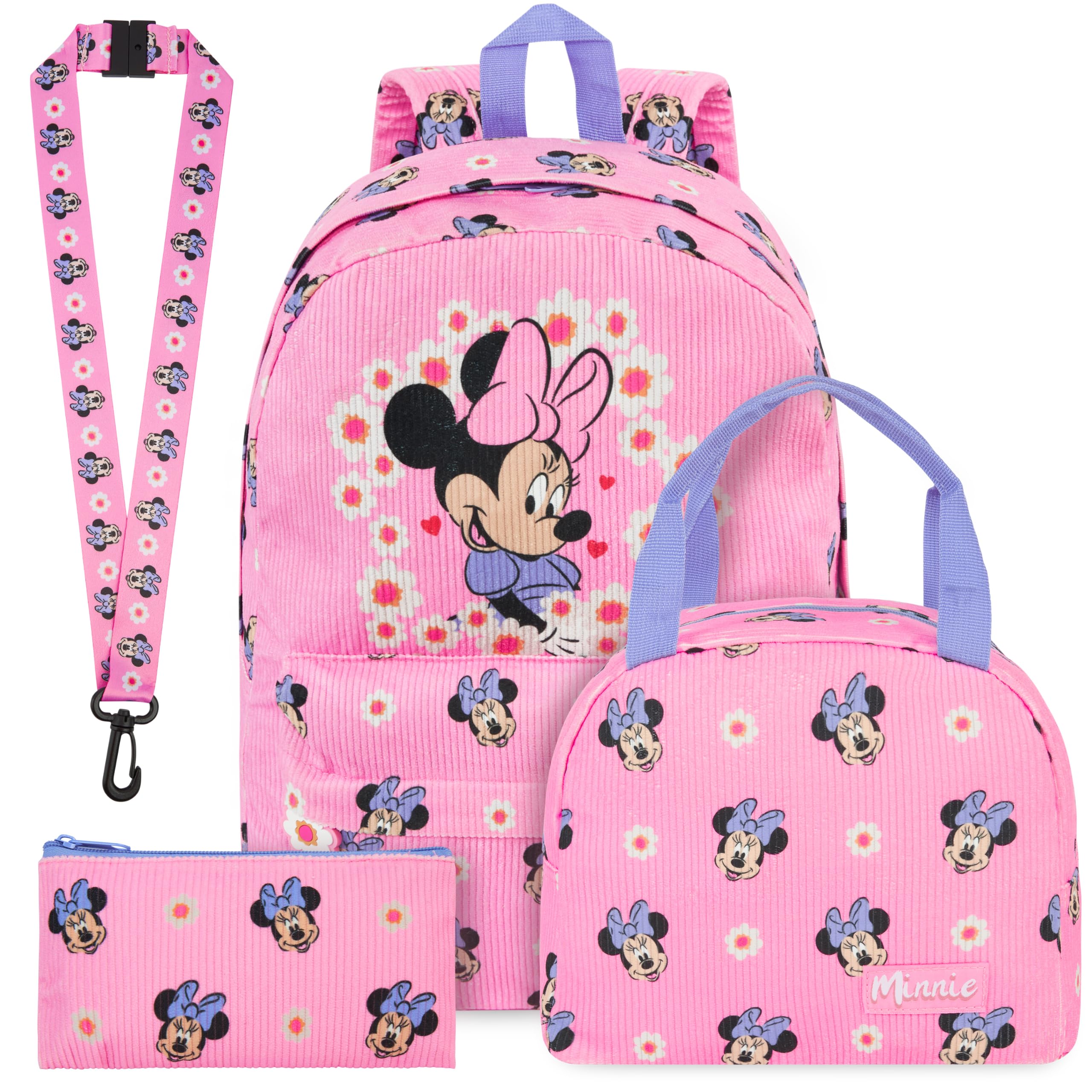 Get Trend Minnie Mouse Sac a Dos Fille Set, 4 Pcs Cartable, Sac Isotherme Repas, Trousse Scolaire et Porte Badge Tour de Cou Courroie (Rose/Multi Minnie Mouse)